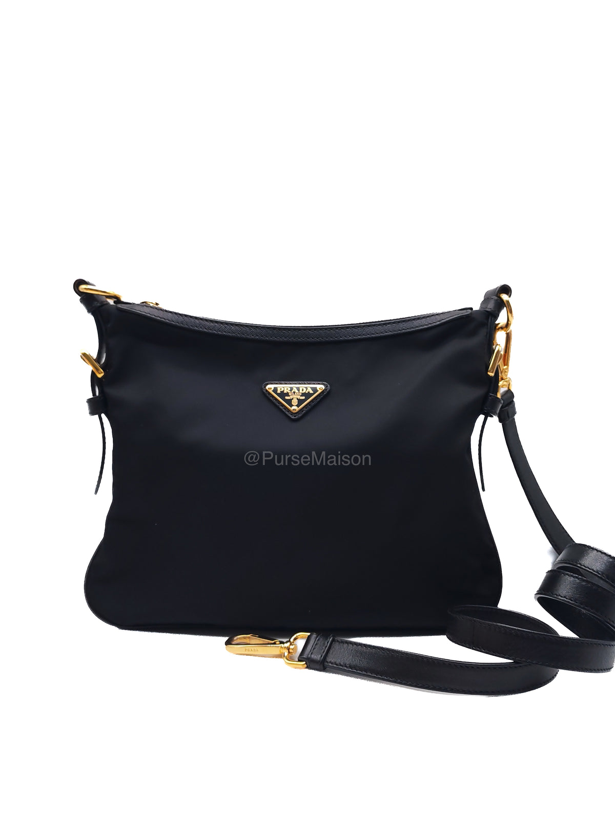 Prada Black Tessuto Nylon and Saffiano Leather Trim Small Crossbody Bag Gold Hardware | Purse Maison Luxury Bags Shop