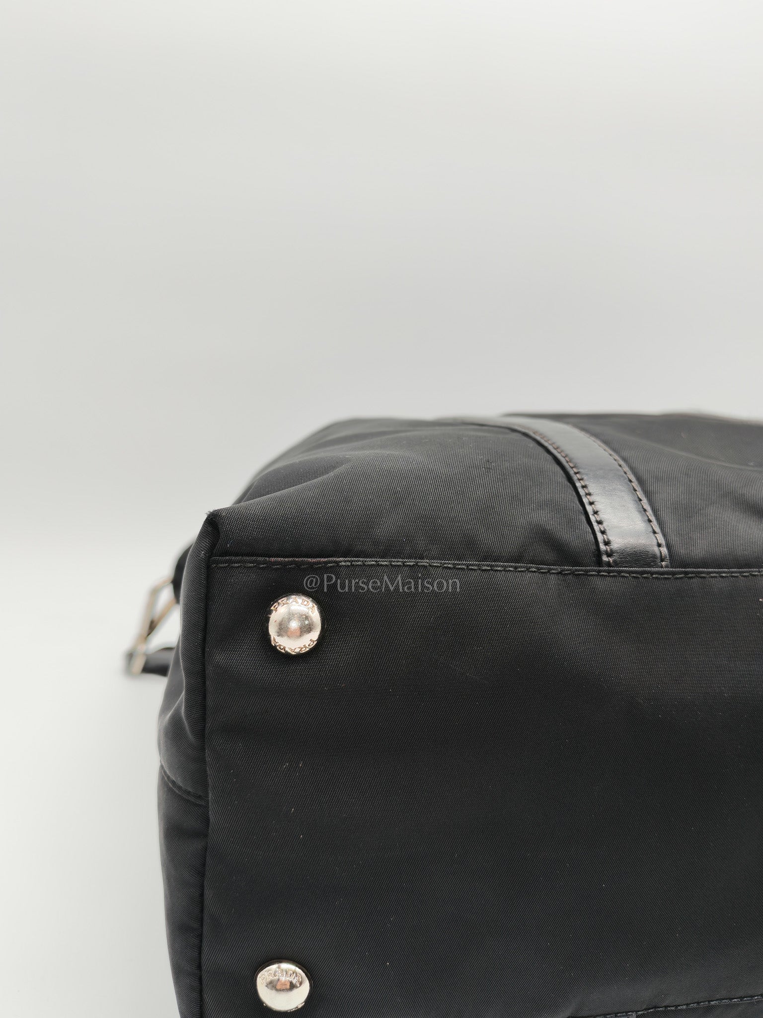Prada BN1057 Boston Bag in Black Tessuto Nylon and Saffiano Leather Trim Silver Hardware | Purse Maison Luxury Bags Shop