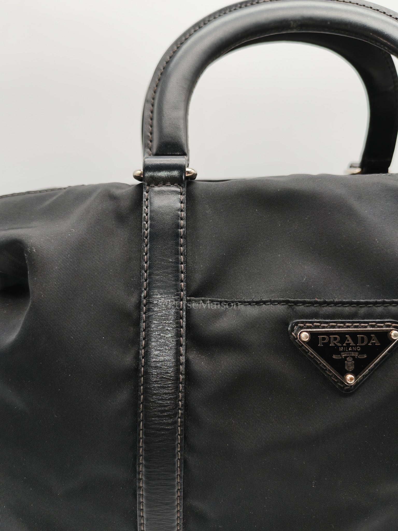 Prada BN1057 Boston Bag in Black Tessuto Nylon and Saffiano Leather Trim Silver Hardware | Purse Maison Luxury Bags Shop