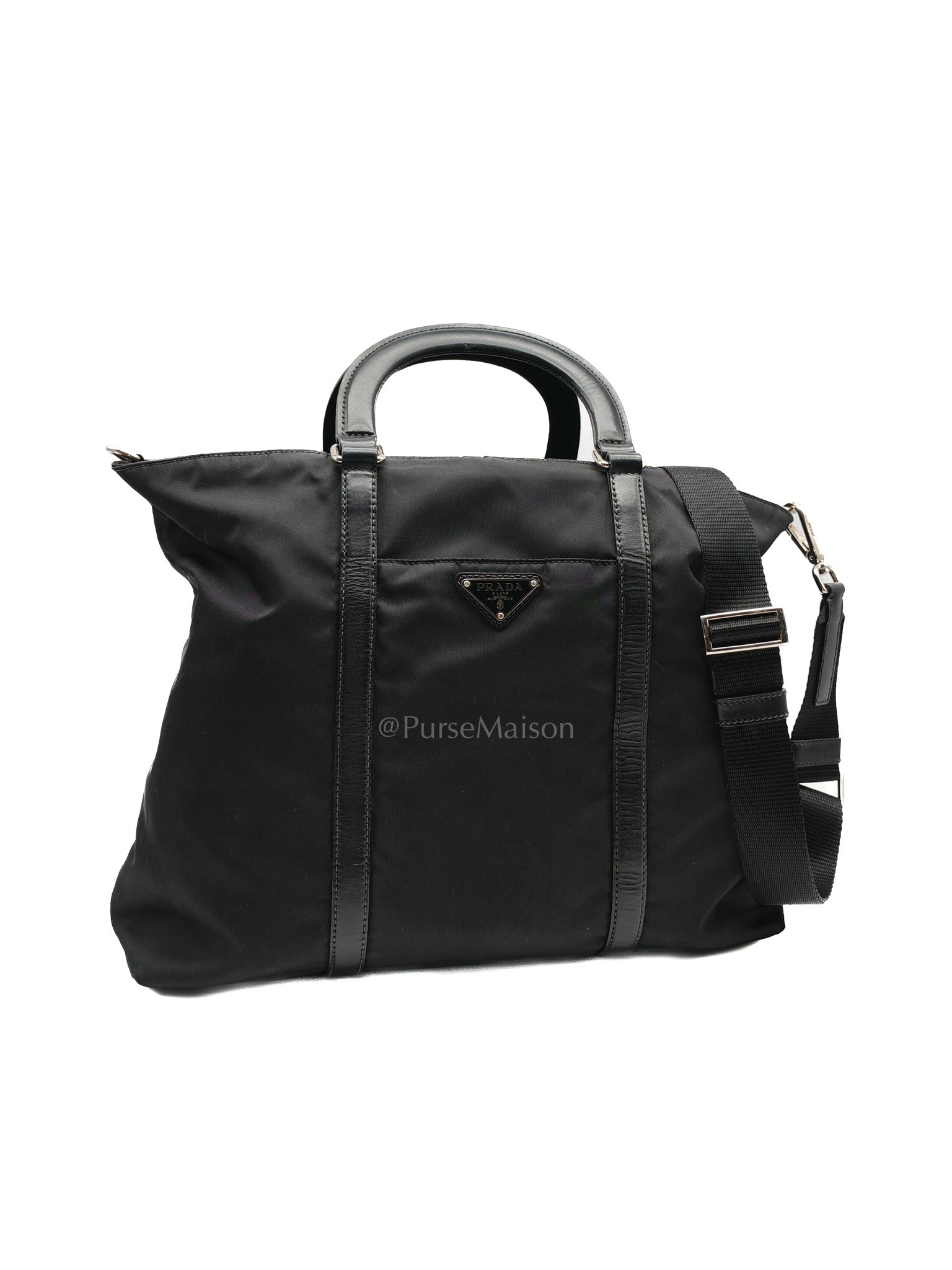 Prada BN1057 Boston Bag in Black Tessuto Nylon and Saffiano Leather Trim Silver Hardware | Purse Maison Luxury Bags Shop