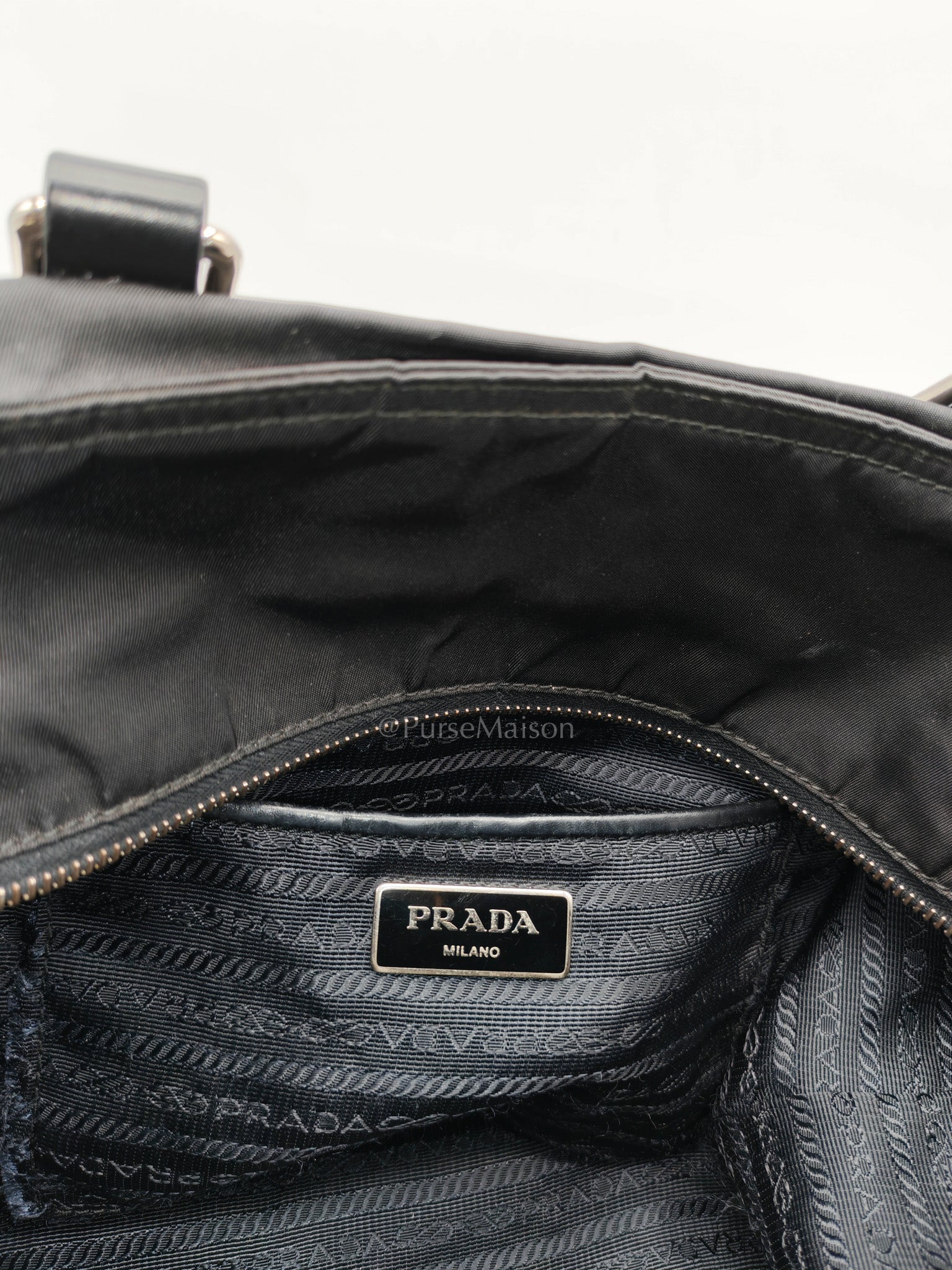 Prada BN1057 Boston Bag in Black Tessuto Nylon and Saffiano Leather Trim Silver Hardware | Purse Maison Luxury Bags Shop