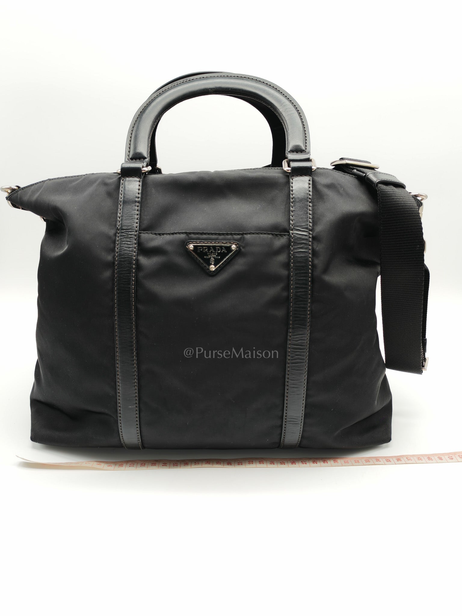 Prada BN1057 Boston Bag in Black Tessuto Nylon and Saffiano Leather Trim Silver Hardware | Purse Maison Luxury Bags Shop