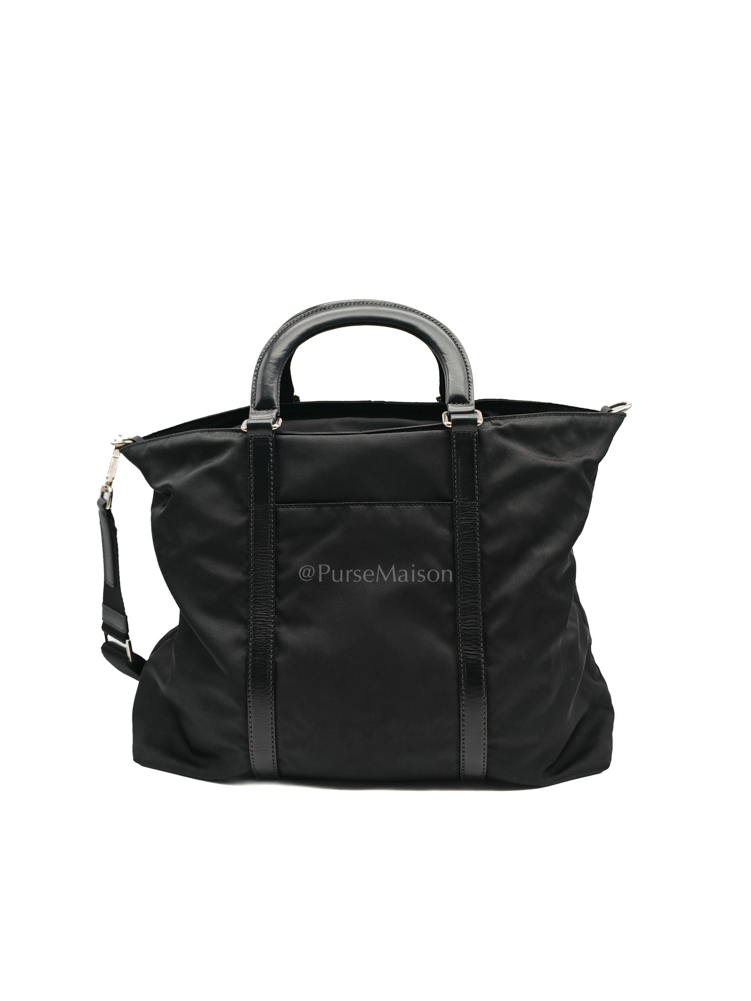 Prada BN1057 Boston Bag in Black Tessuto Nylon and Saffiano Leather Trim Silver Hardware | Purse Maison Luxury Bags Shop
