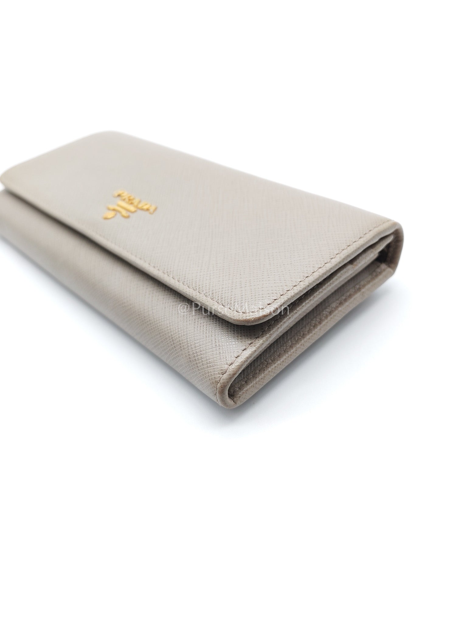 Prada Continental Flap Long Wallet in Light Beige Saffiano Leather and Gold Hardware | Purse Maison Luxury Bags Shop
