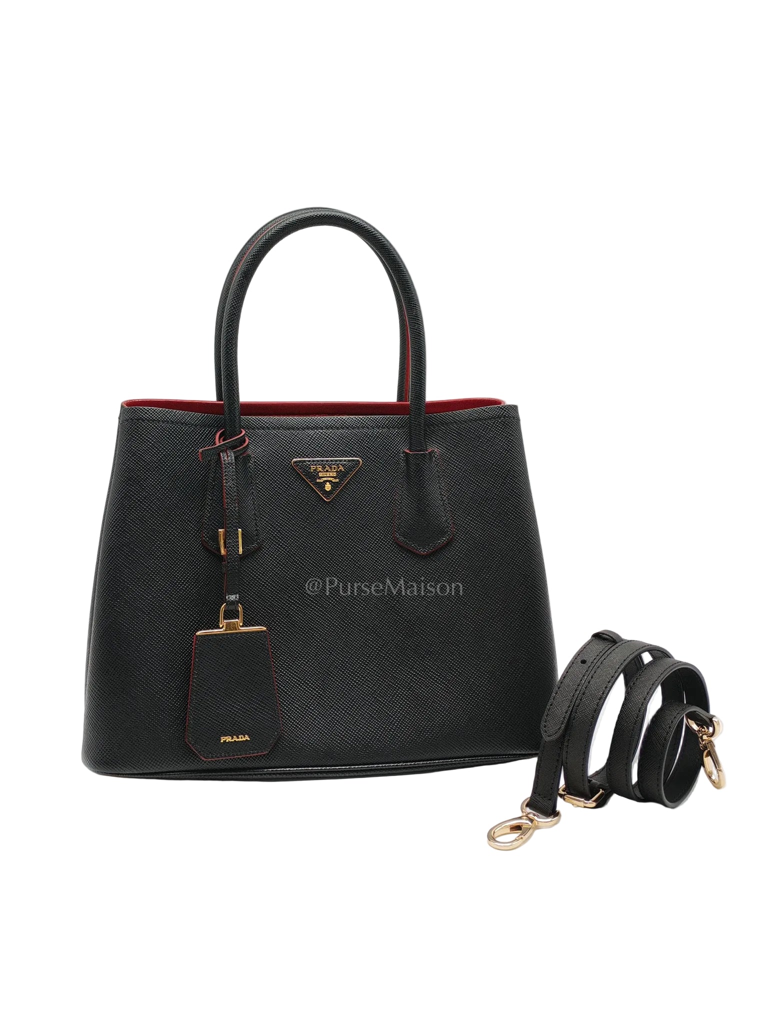 Prada Double Bag in Black Saffiano Cuir Leather and Gold Hardware | Purse Maison Luxury Bags Shop