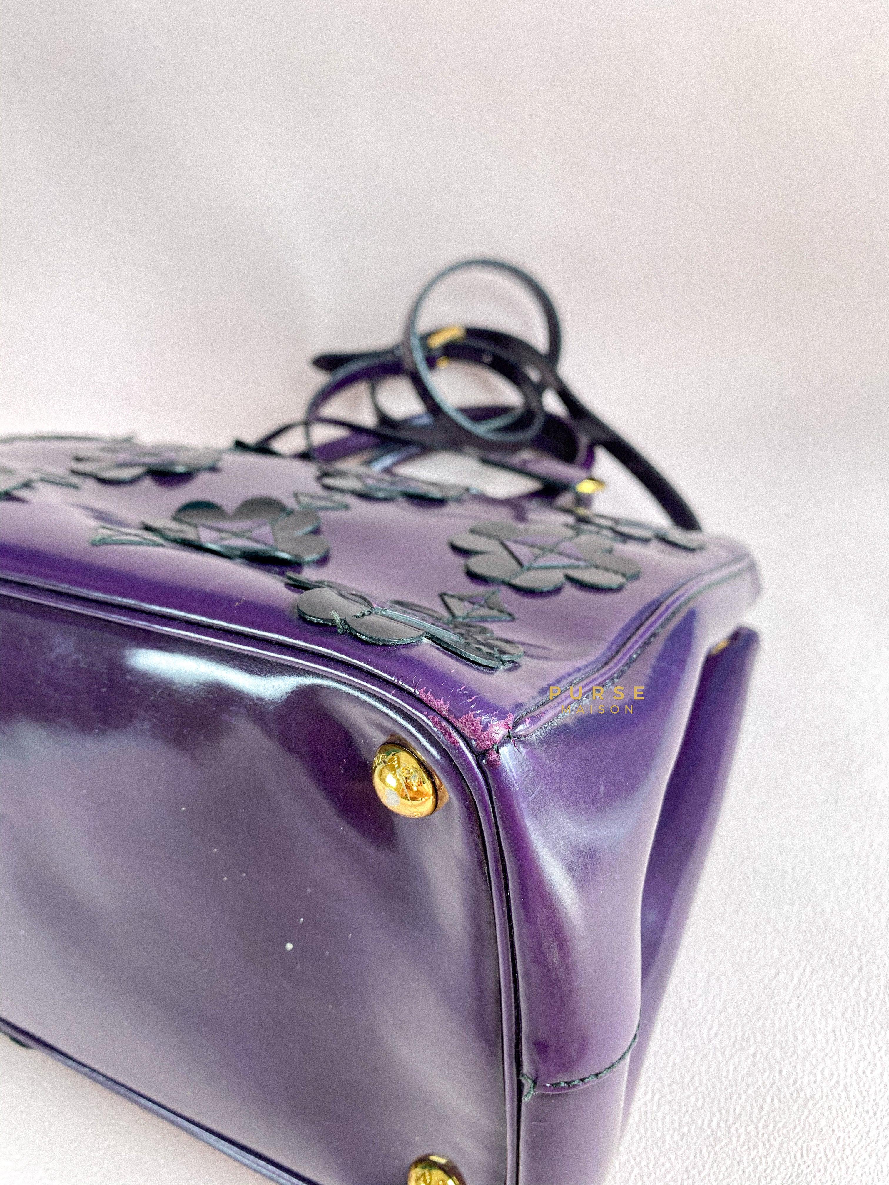 Prada Double Zip Medium Galleria in Plum Floral Applique Patent Leather | Purse Maison Luxury Bags Shop