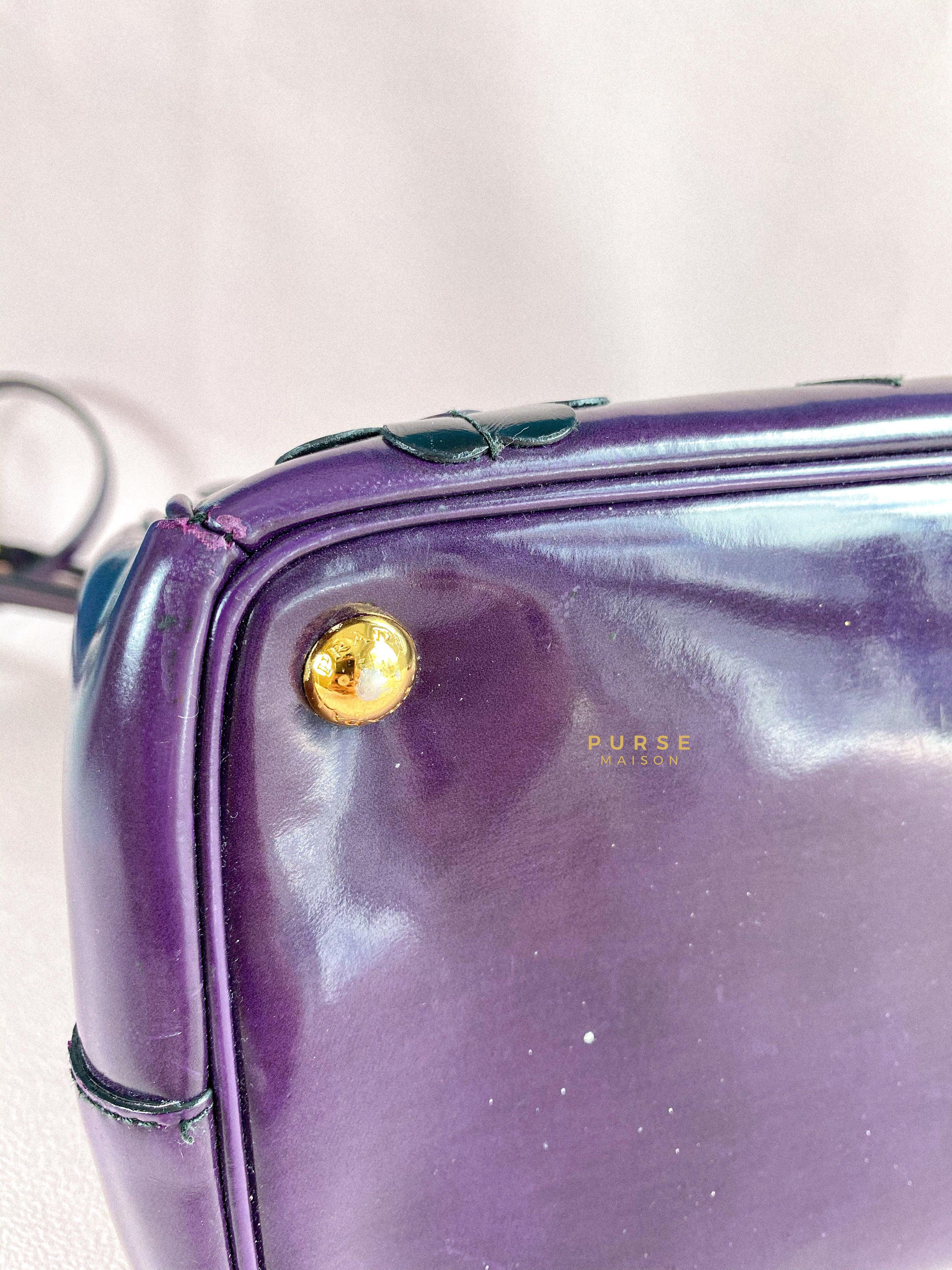 Prada Double Zip Medium Galleria in Plum Floral Applique Patent Leather | Purse Maison Luxury Bags Shop
