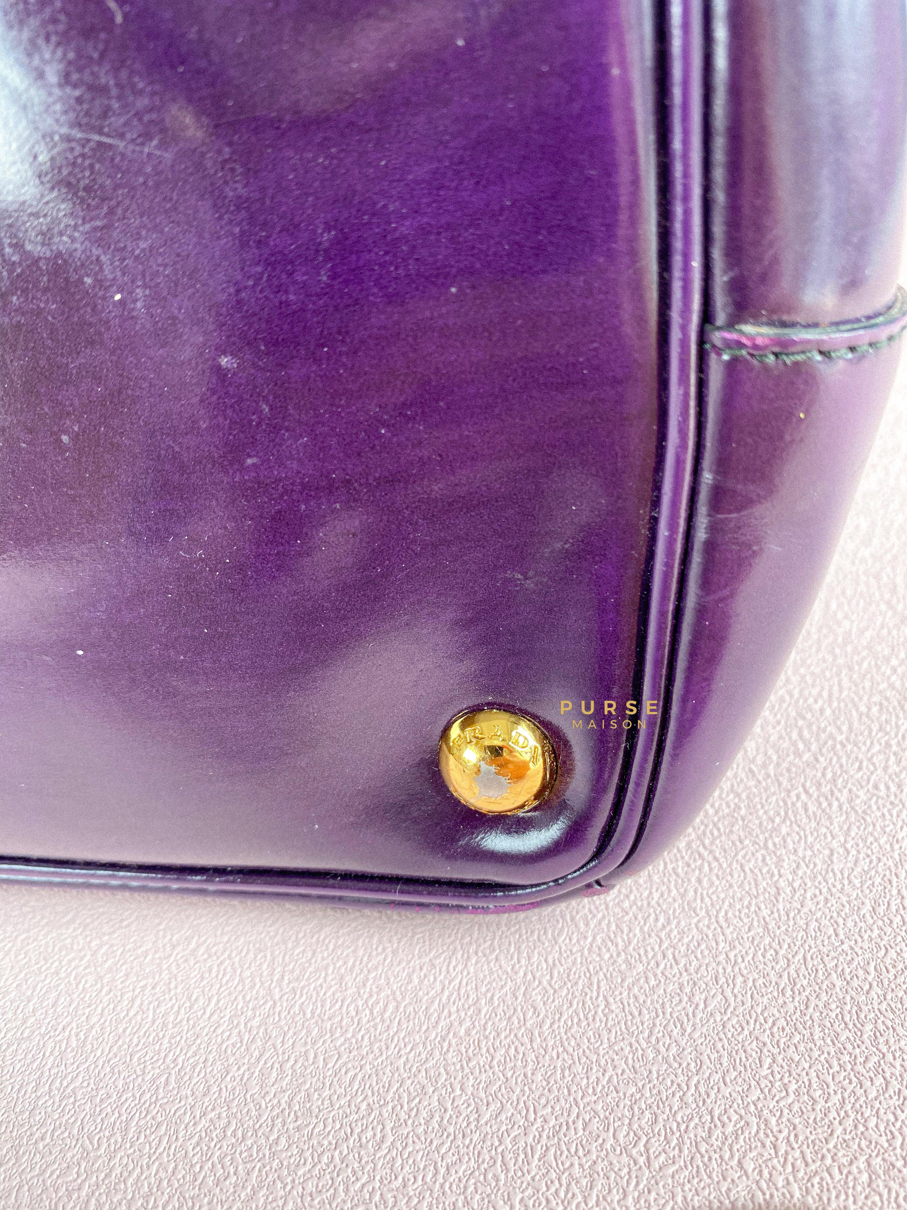 Prada Double Zip Medium Galleria in Plum Floral Applique Patent Leather | Purse Maison Luxury Bags Shop