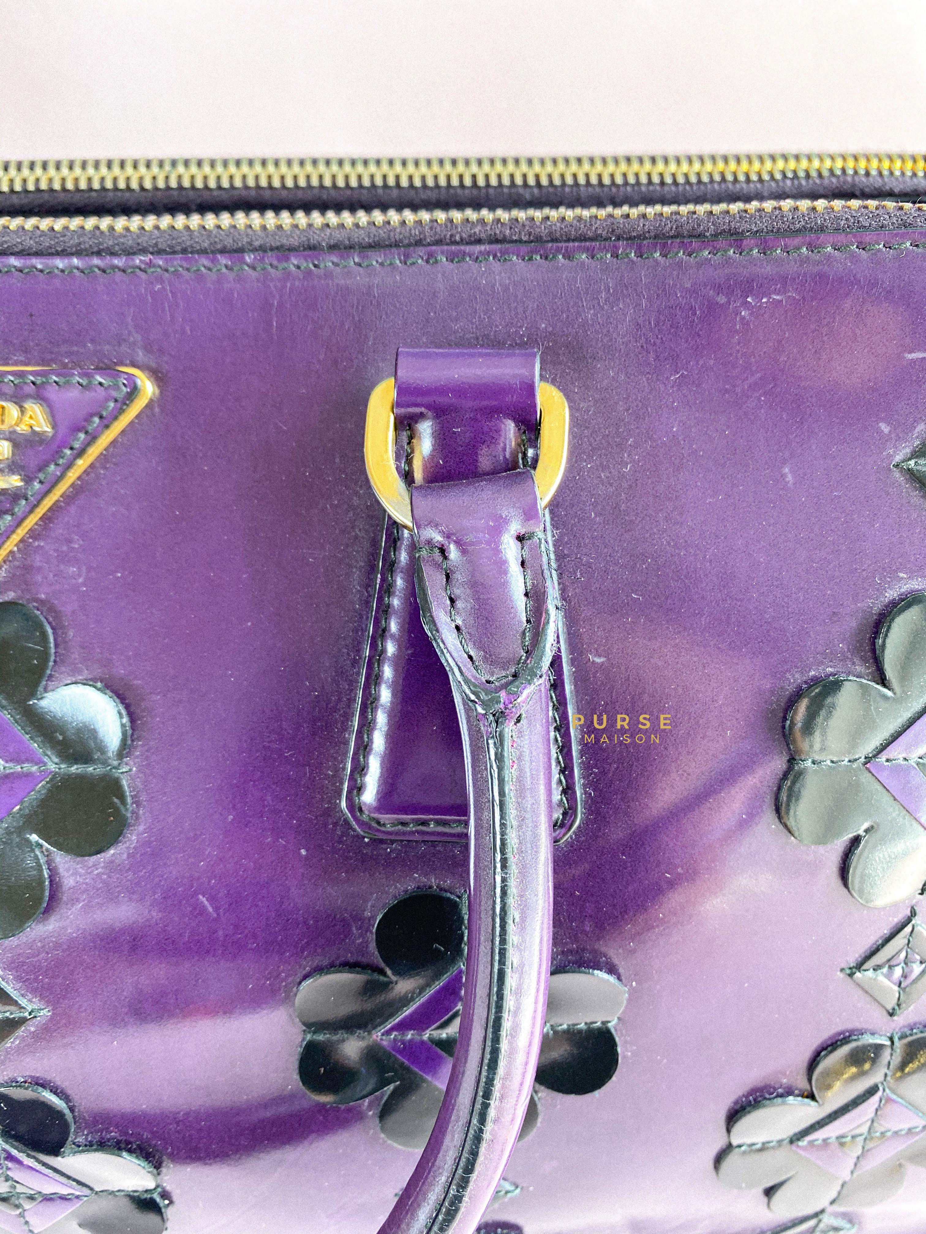Prada Double Zip Medium Galleria in Plum Floral Applique Patent Leather | Purse Maison Luxury Bags Shop