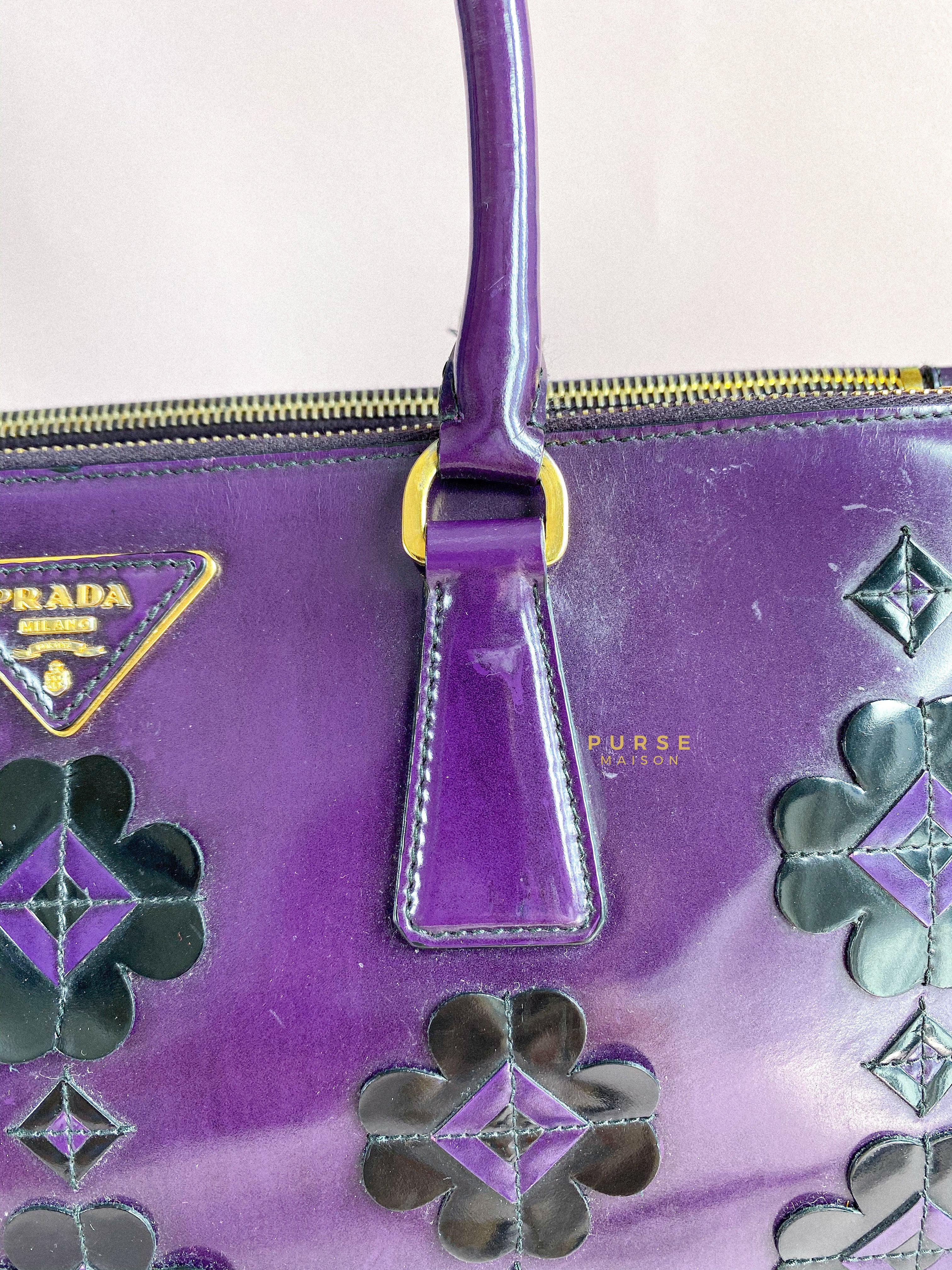 Prada Double Zip Medium Galleria in Plum Floral Applique Patent Leather | Purse Maison Luxury Bags Shop