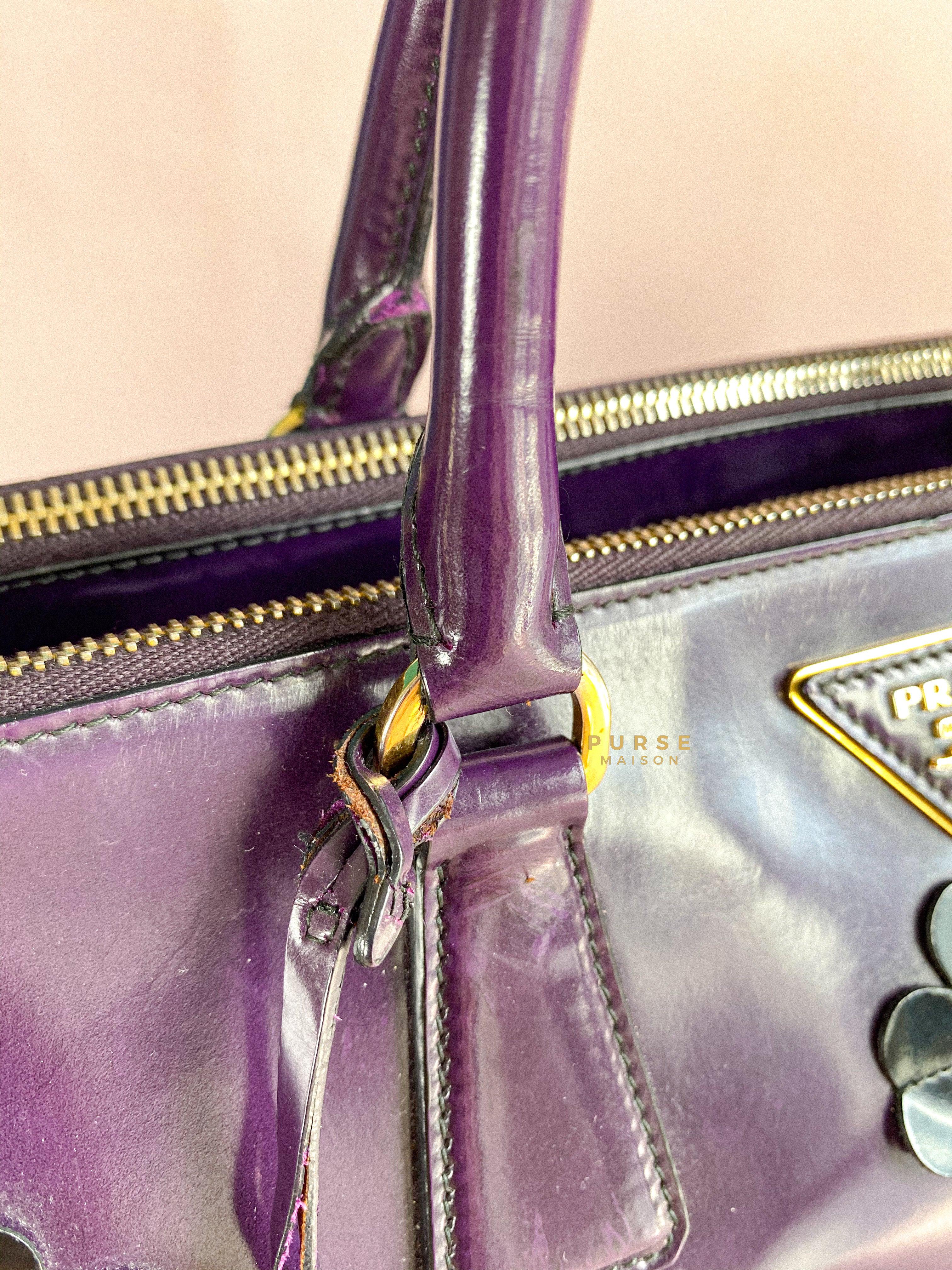 Prada Double Zip Medium Galleria in Plum Floral Applique Patent Leather | Purse Maison Luxury Bags Shop