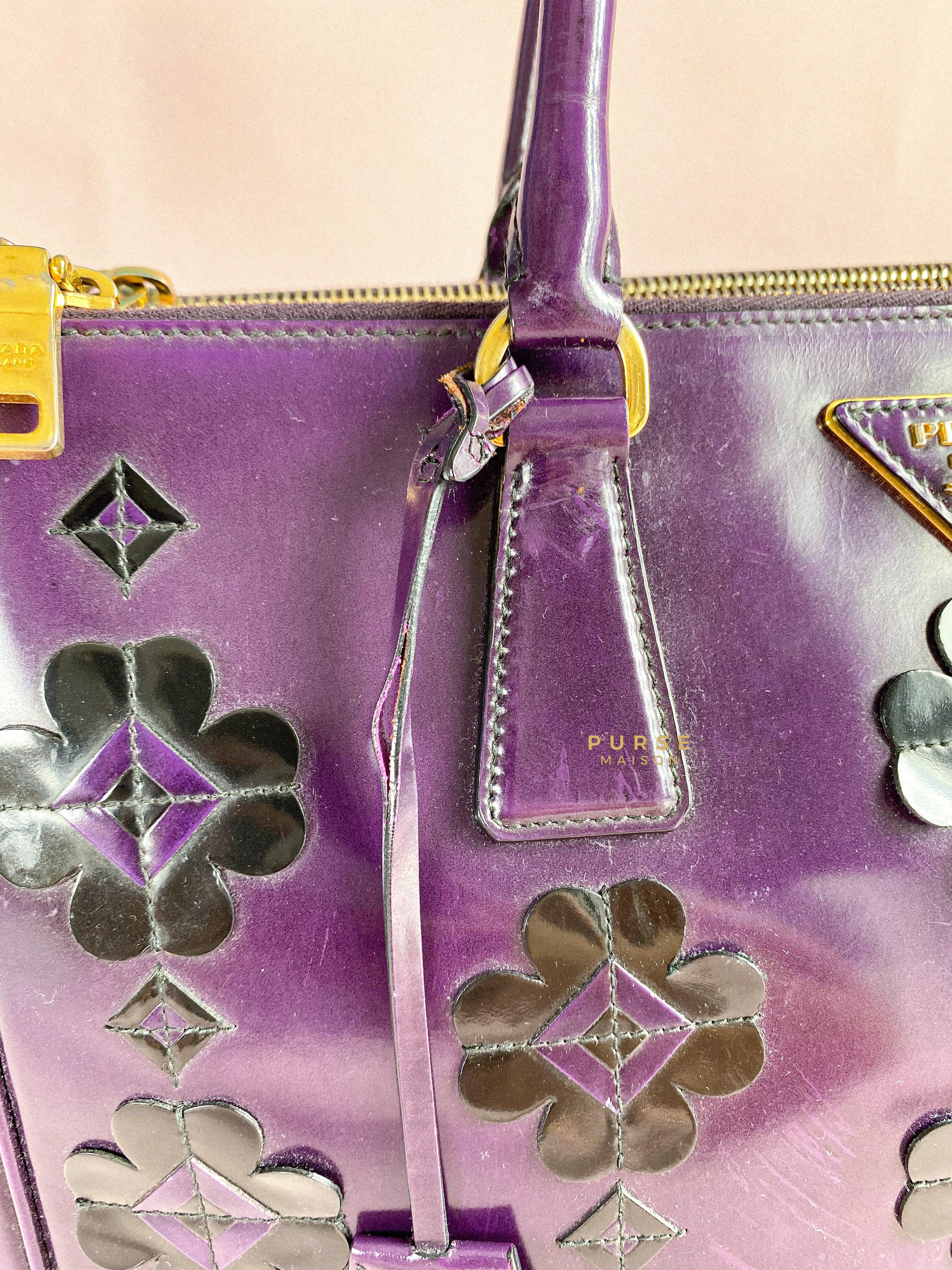 Prada Double Zip Medium Galleria in Plum Floral Applique Patent Leather | Purse Maison Luxury Bags Shop