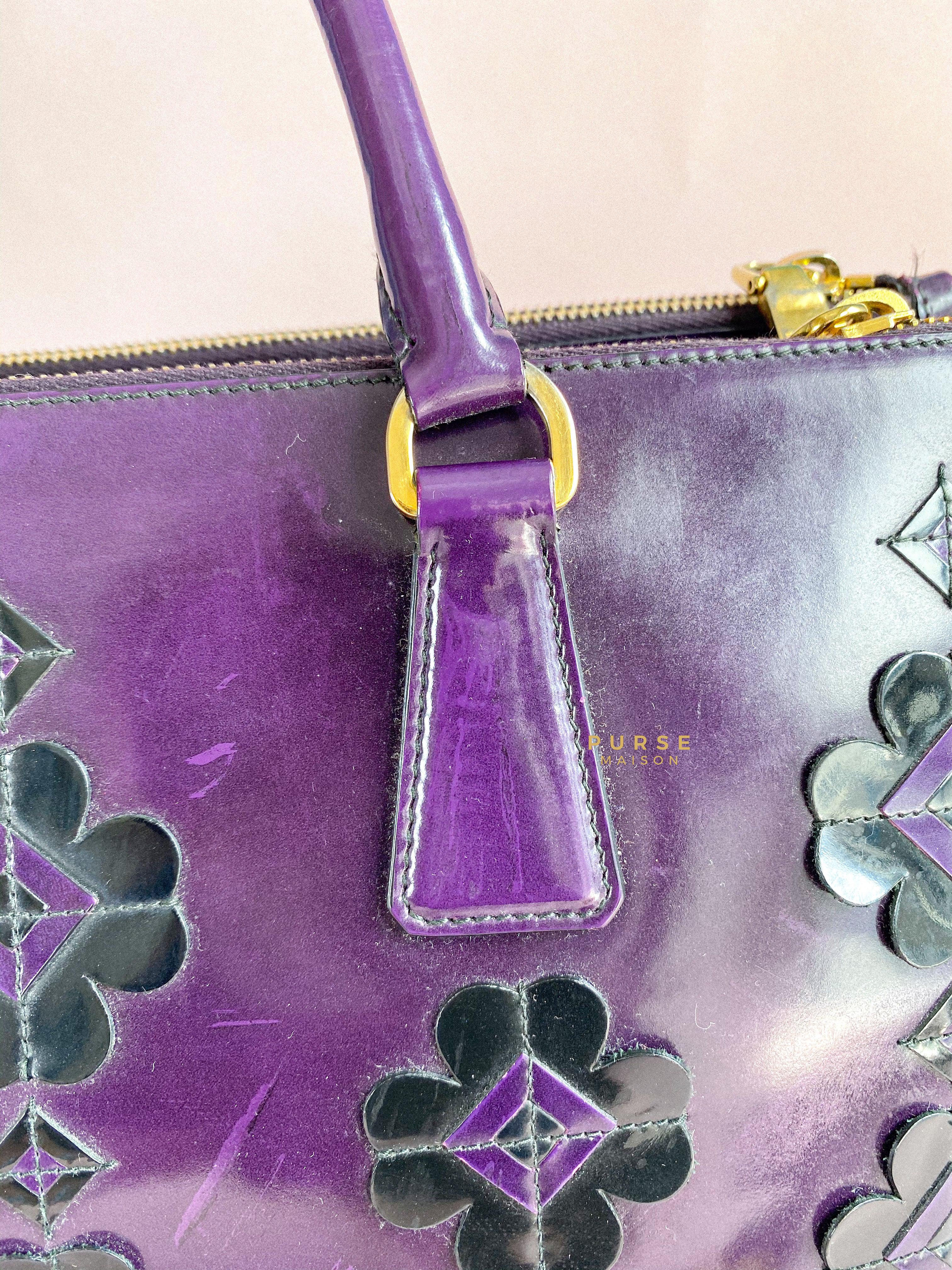 Prada Double Zip Medium Galleria in Plum Floral Applique Patent Leather | Purse Maison Luxury Bags Shop