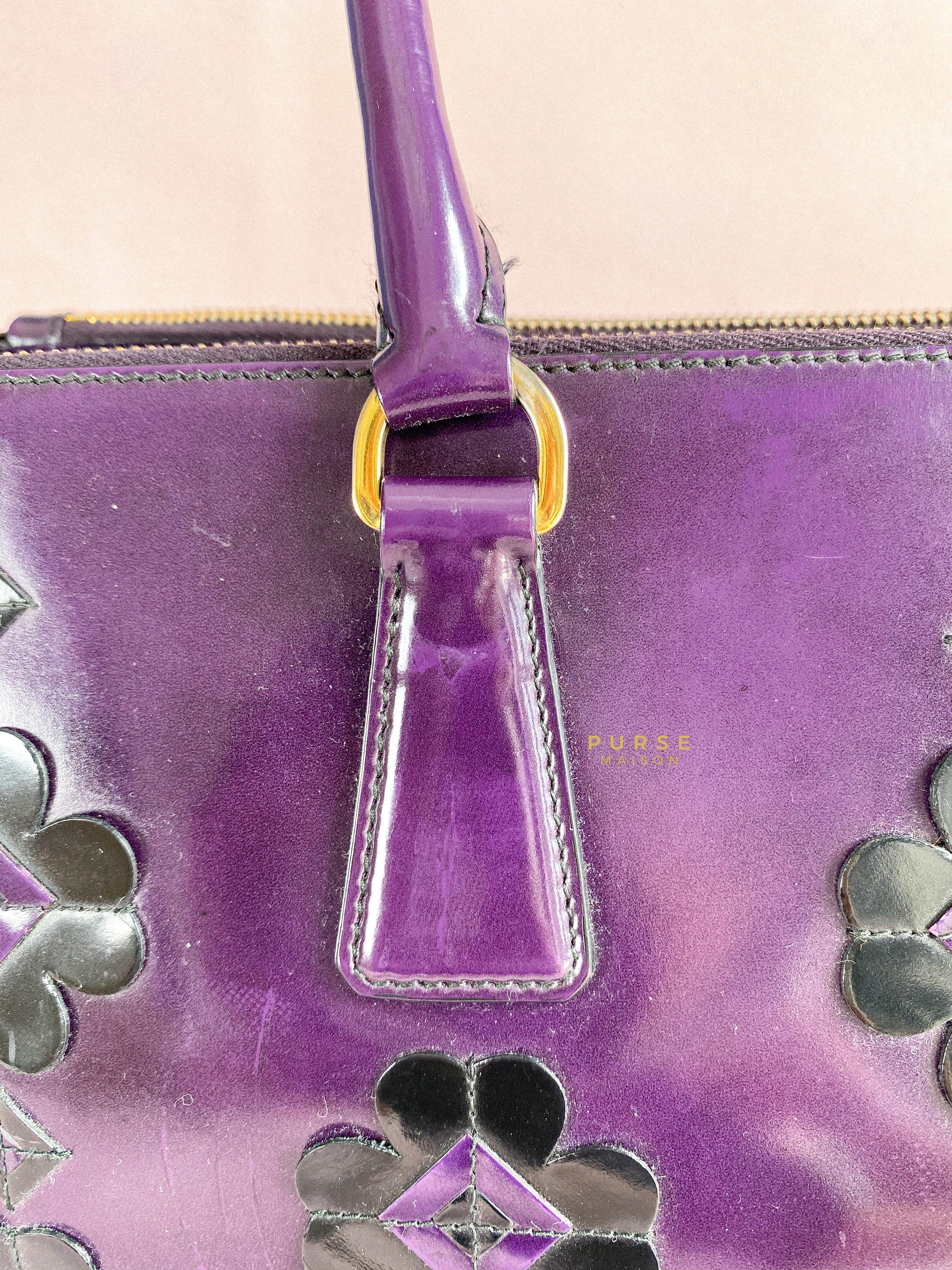 Prada Double Zip Medium Galleria in Plum Floral Applique Patent Leather | Purse Maison Luxury Bags Shop