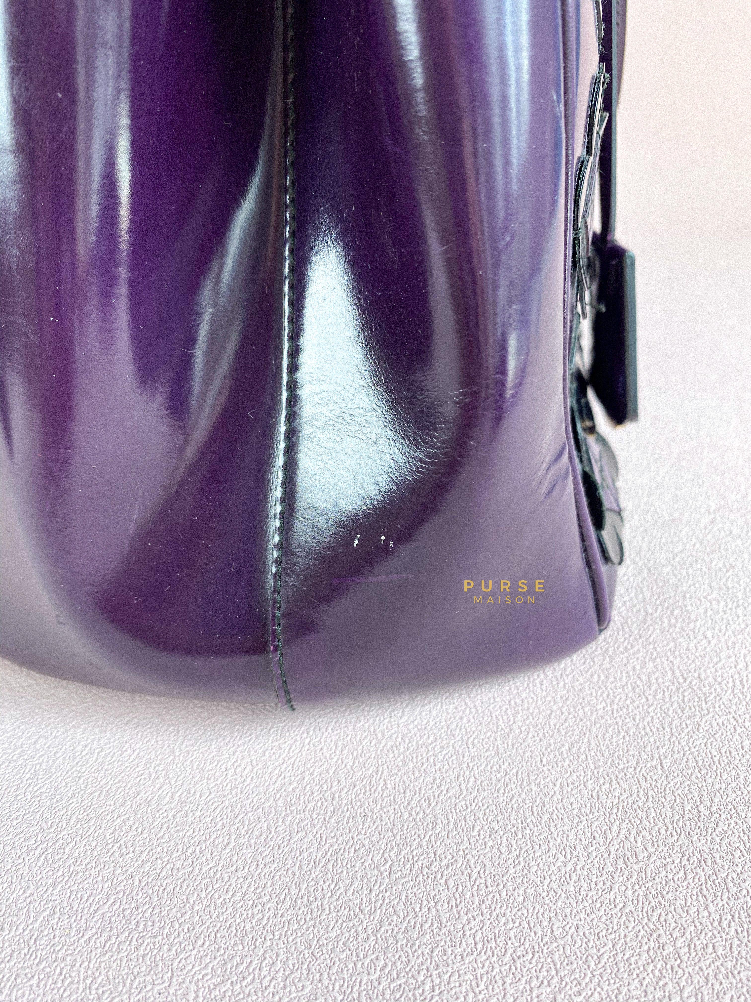Prada Double Zip Medium Galleria in Plum Floral Applique Patent Leather | Purse Maison Luxury Bags Shop