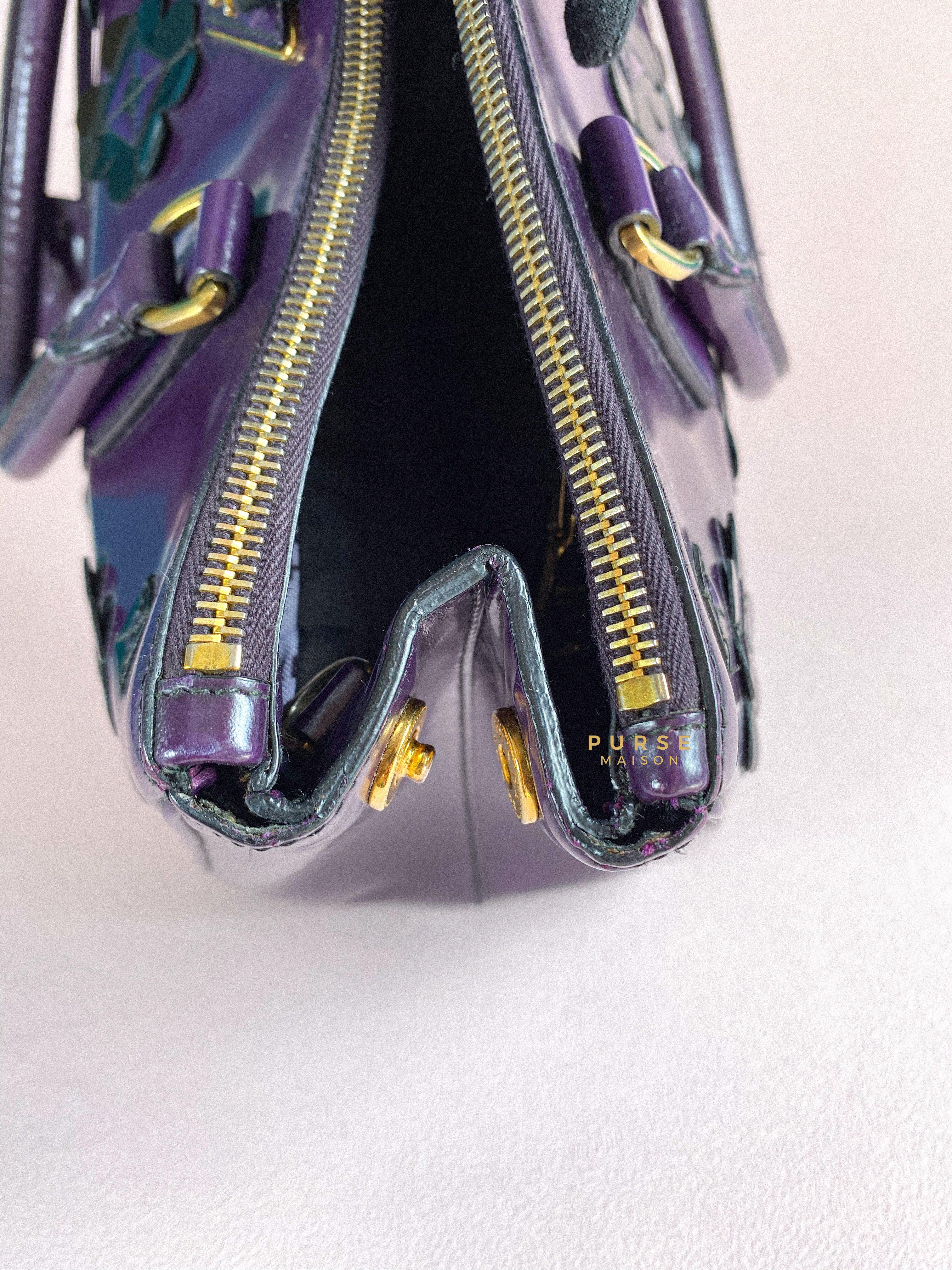 Prada Double Zip Medium Galleria in Plum Floral Applique Patent Leather | Purse Maison Luxury Bags Shop