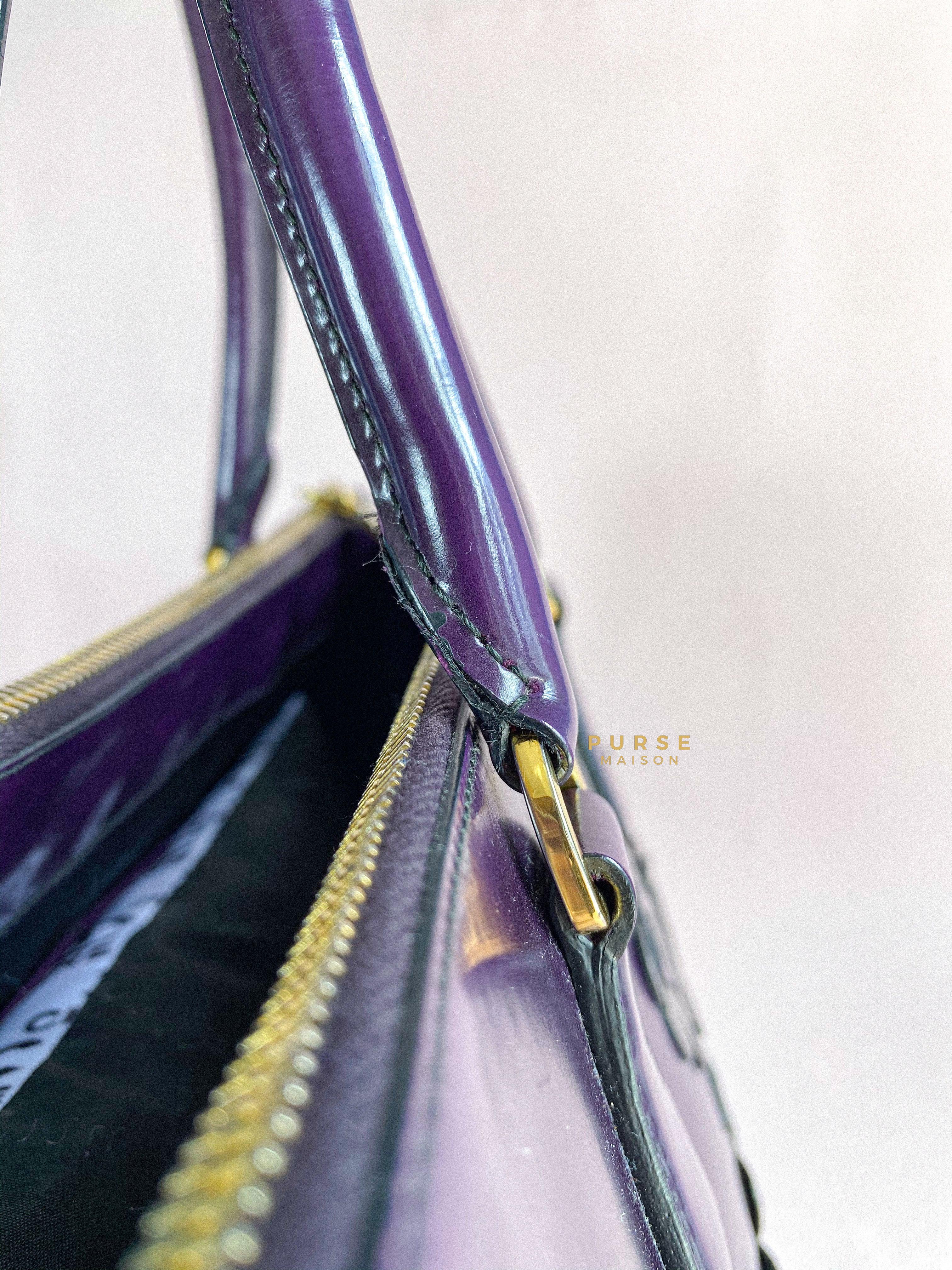 Prada Double Zip Medium Galleria in Plum Floral Applique Patent Leather | Purse Maison Luxury Bags Shop