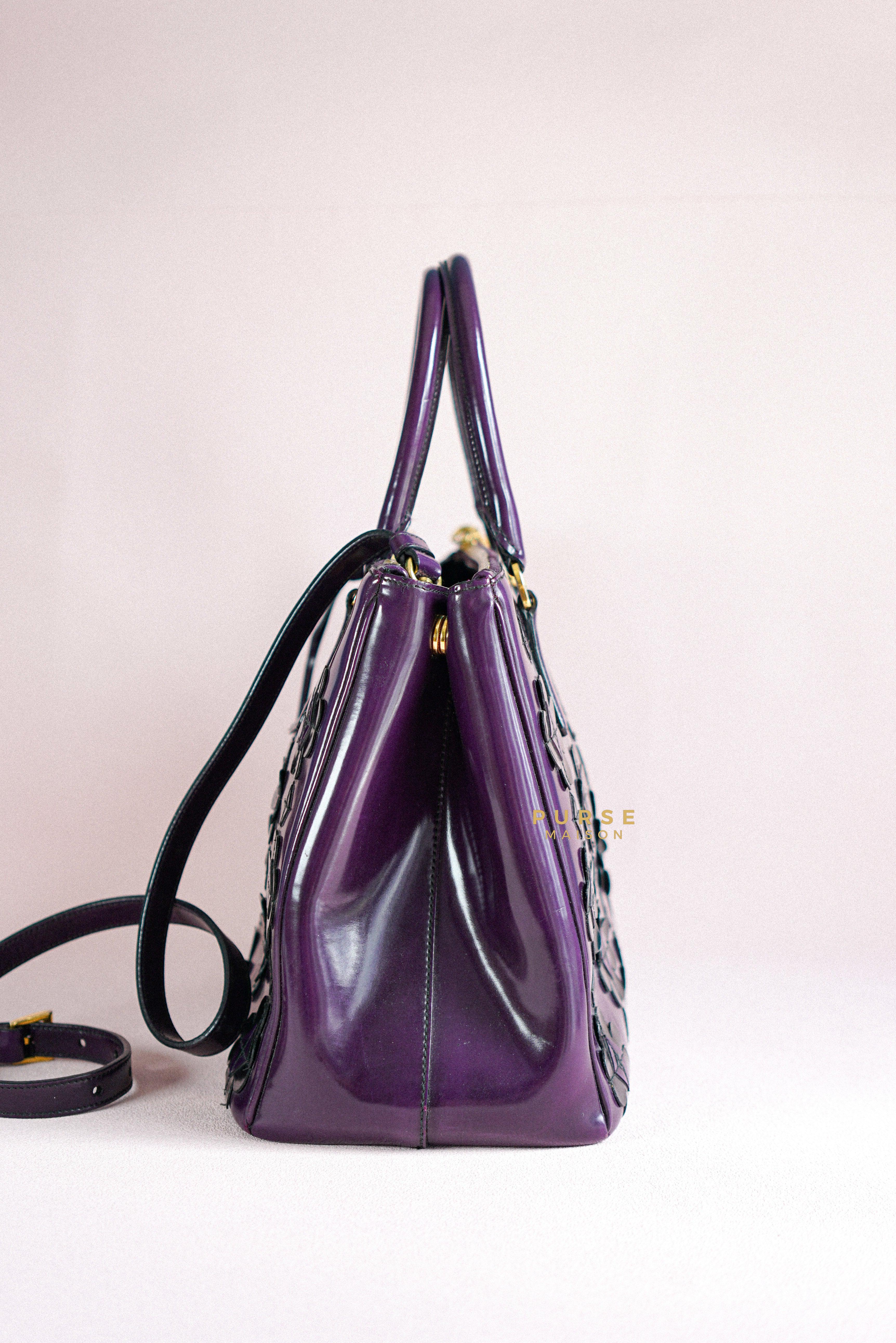 Prada Double Zip Medium Galleria in Plum Floral Applique Patent Leather | Purse Maison Luxury Bags Shop