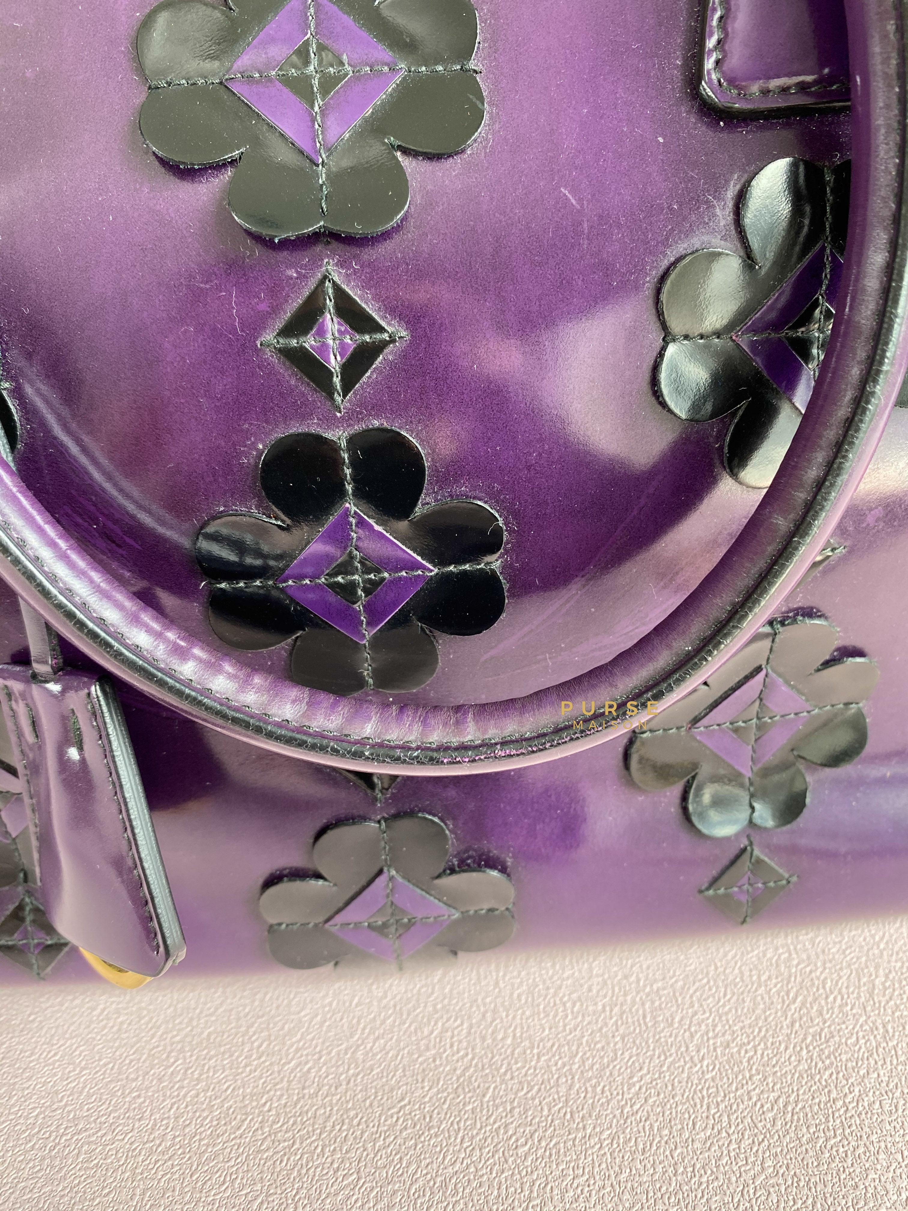 Prada Double Zip Medium Galleria in Plum Floral Applique Patent Leather | Purse Maison Luxury Bags Shop