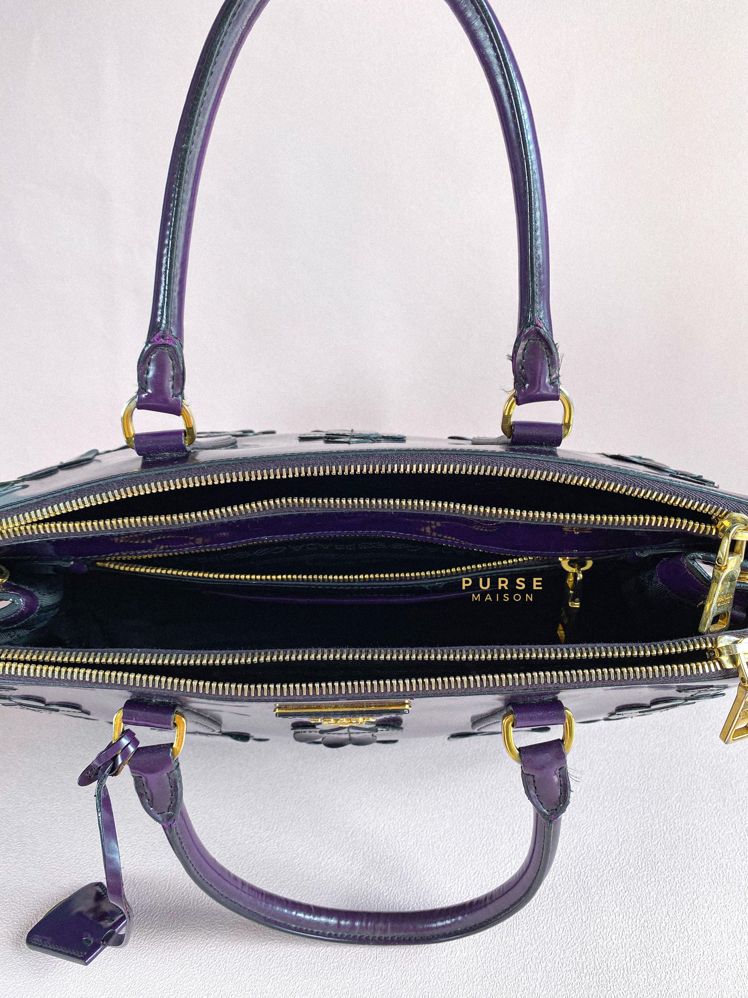 Prada Double Zip Medium Galleria in Plum Floral Applique Patent Leather | Purse Maison Luxury Bags Shop