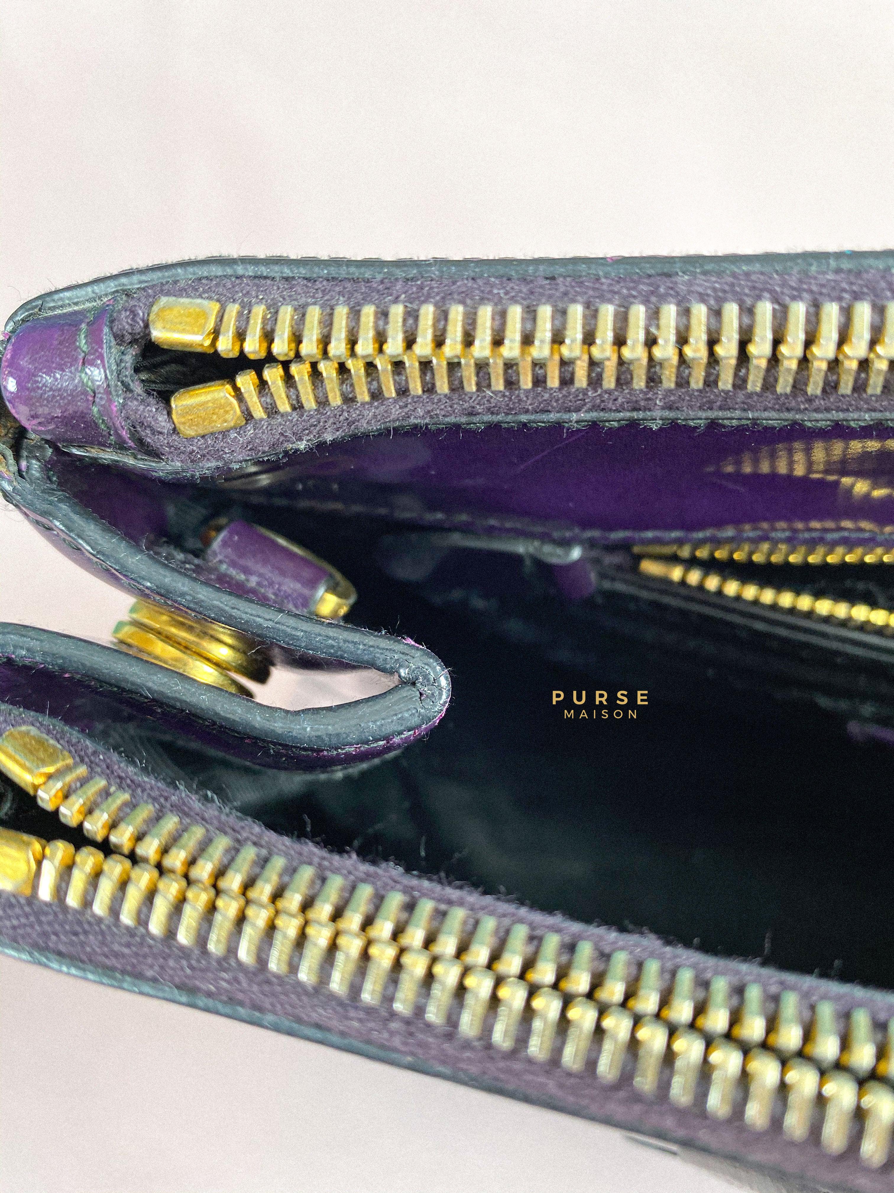 Prada Double Zip Medium Galleria in Plum Floral Applique Patent Leather | Purse Maison Luxury Bags Shop