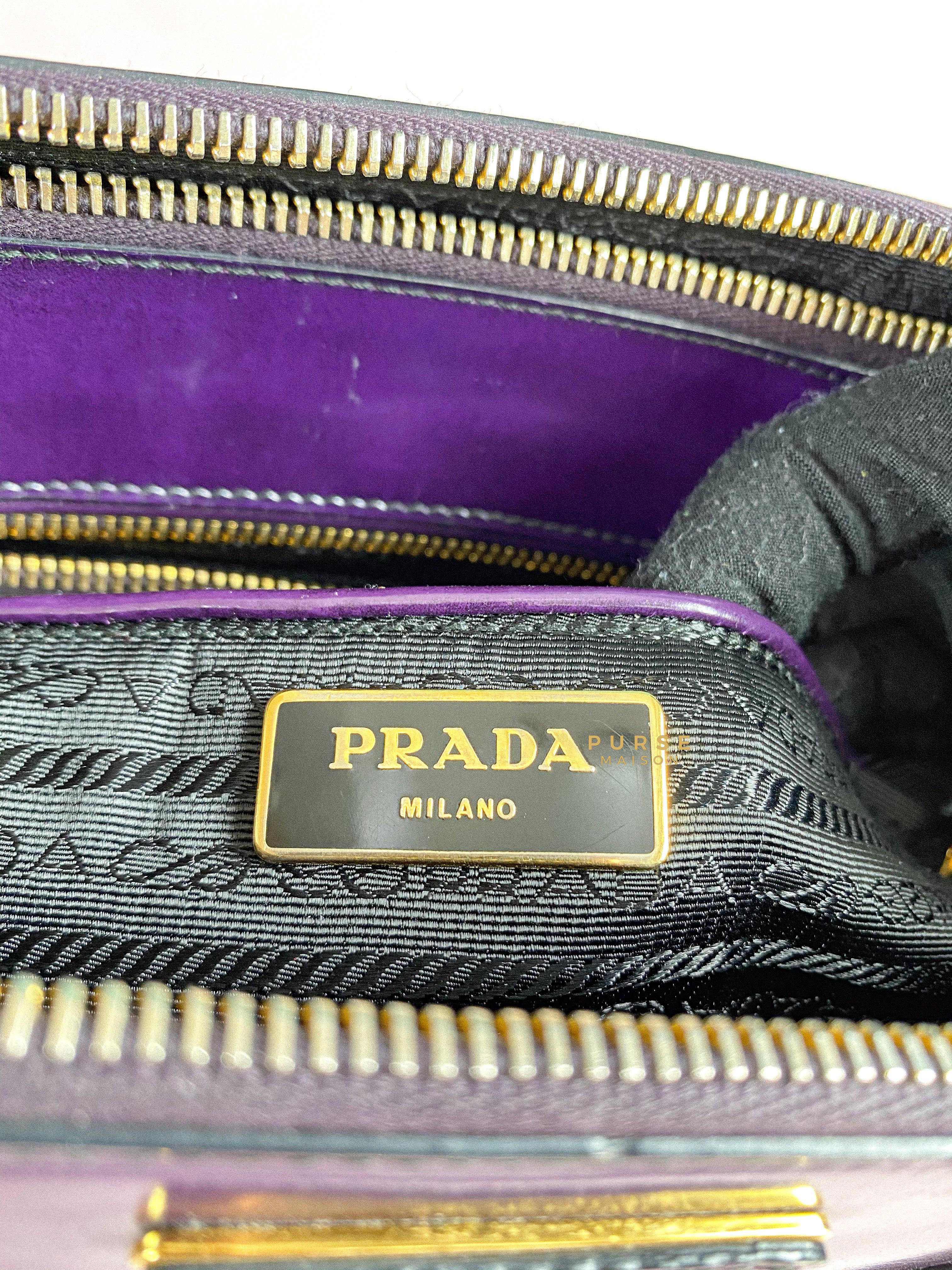 Prada Double Zip Medium Galleria in Plum Floral Applique Patent Leather | Purse Maison Luxury Bags Shop