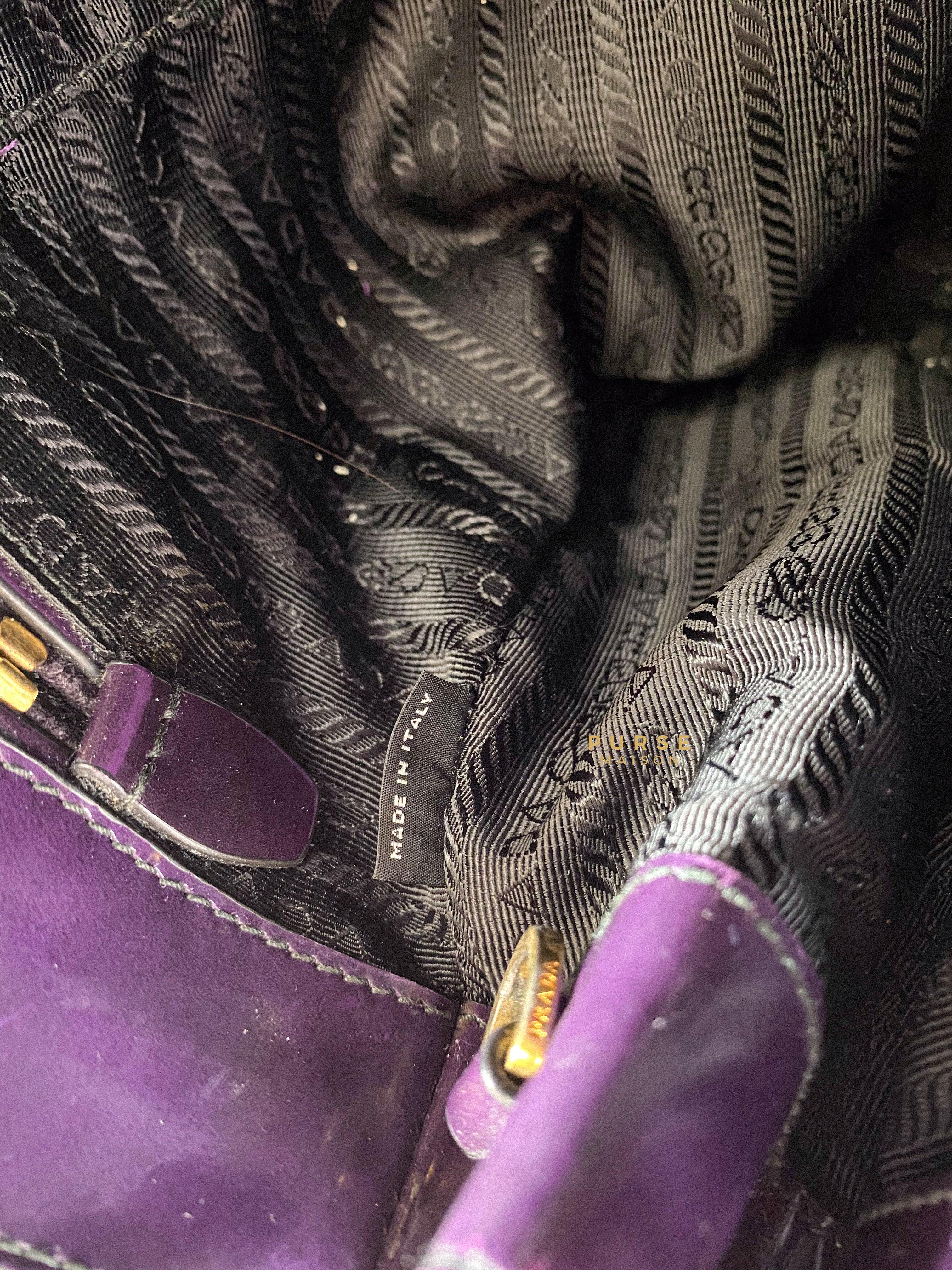 Prada Double Zip Medium Galleria in Plum Floral Applique Patent Leather | Purse Maison Luxury Bags Shop