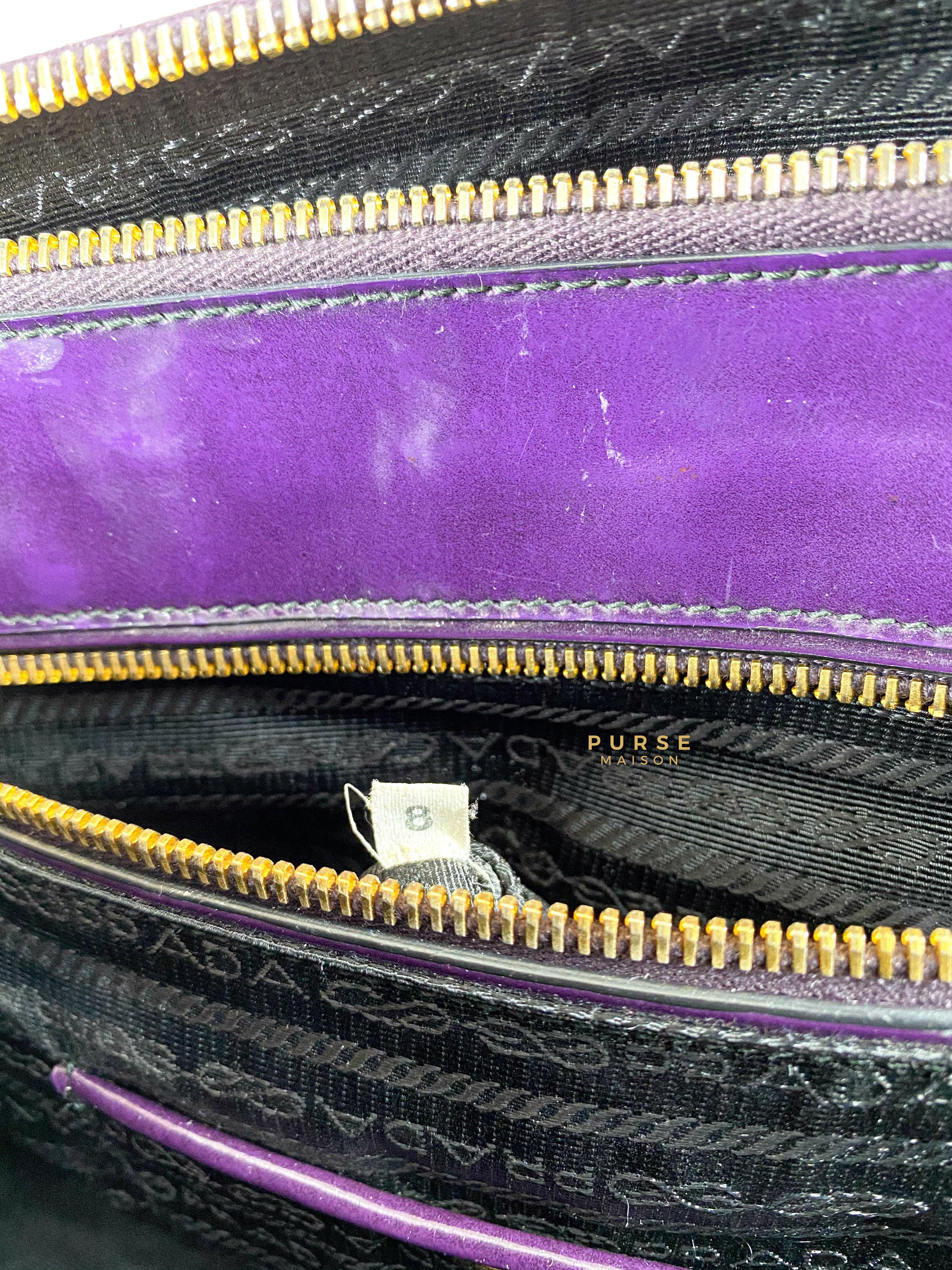 Prada Double Zip Medium Galleria in Plum Floral Applique Patent Leather | Purse Maison Luxury Bags Shop