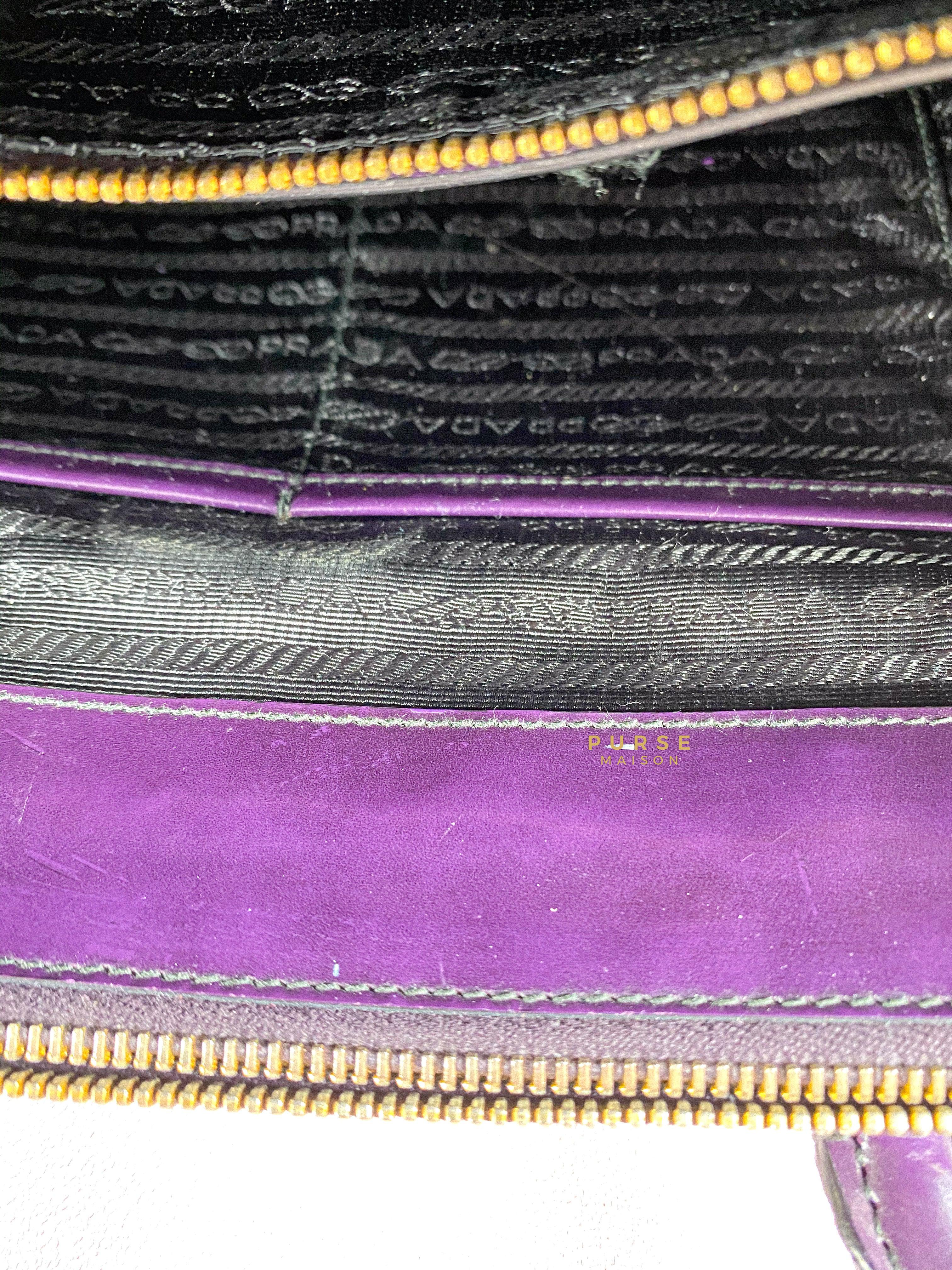 Prada Double Zip Medium Galleria in Plum Floral Applique Patent Leather | Purse Maison Luxury Bags Shop