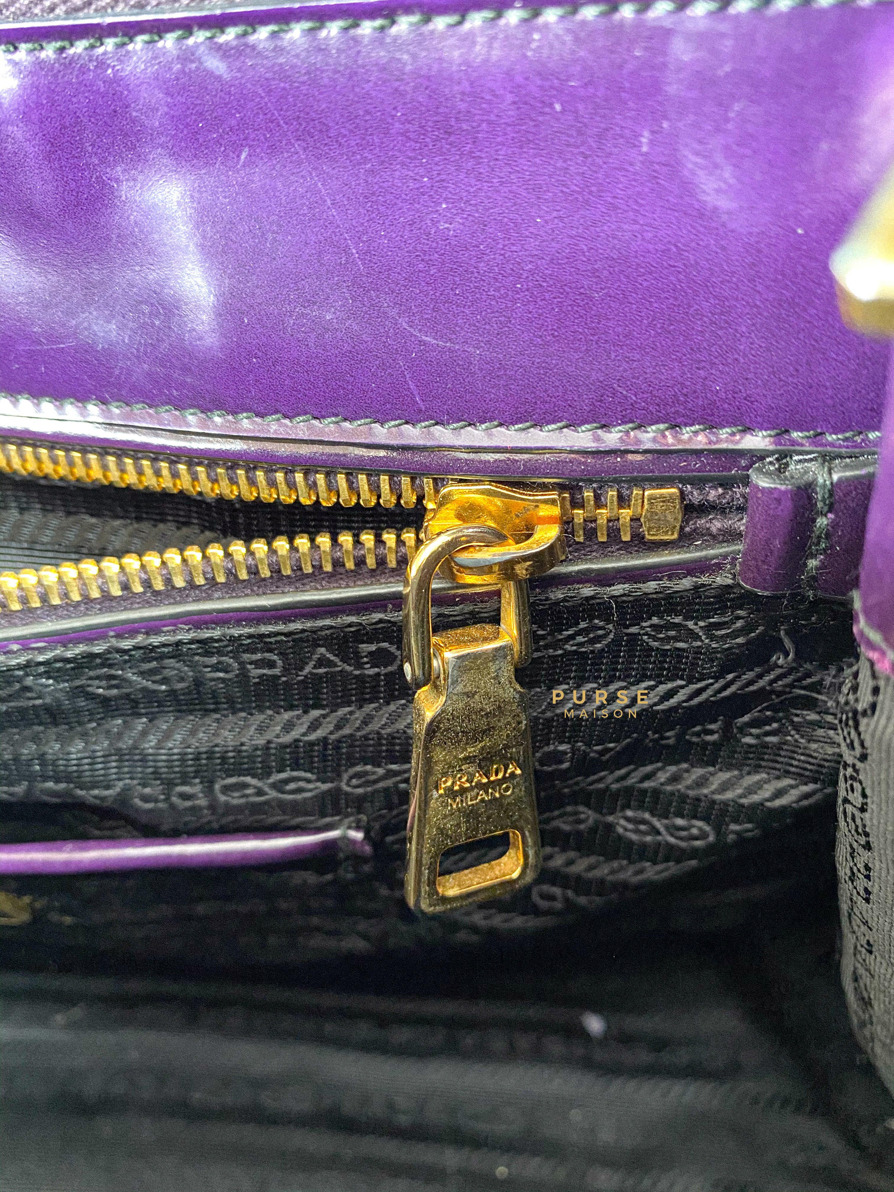Prada Double Zip Medium Galleria in Plum Floral Applique Patent Leather | Purse Maison Luxury Bags Shop