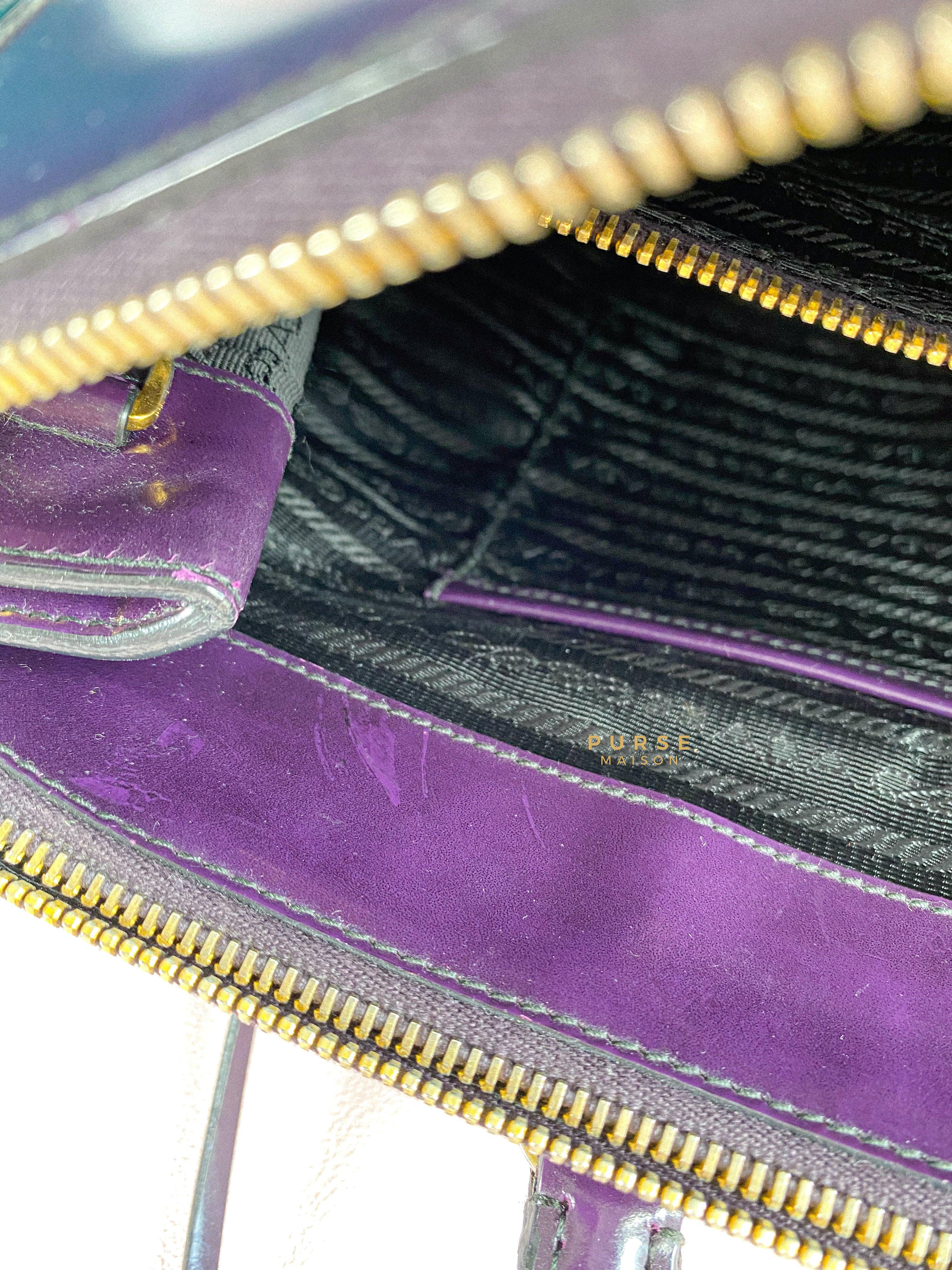 Prada Double Zip Medium Galleria in Plum Floral Applique Patent Leather | Purse Maison Luxury Bags Shop