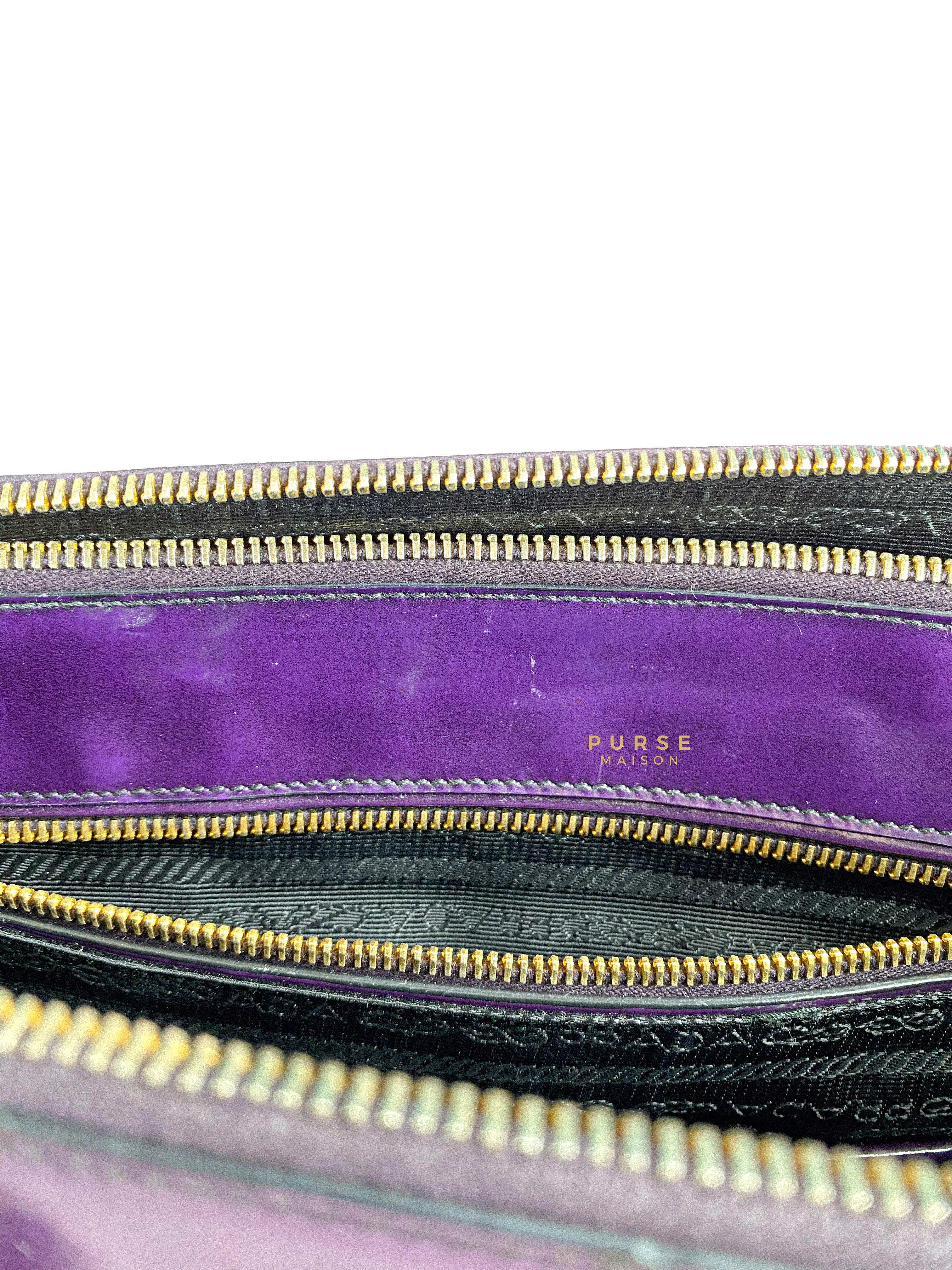 Prada Double Zip Medium Galleria in Plum Floral Applique Patent Leather | Purse Maison Luxury Bags Shop