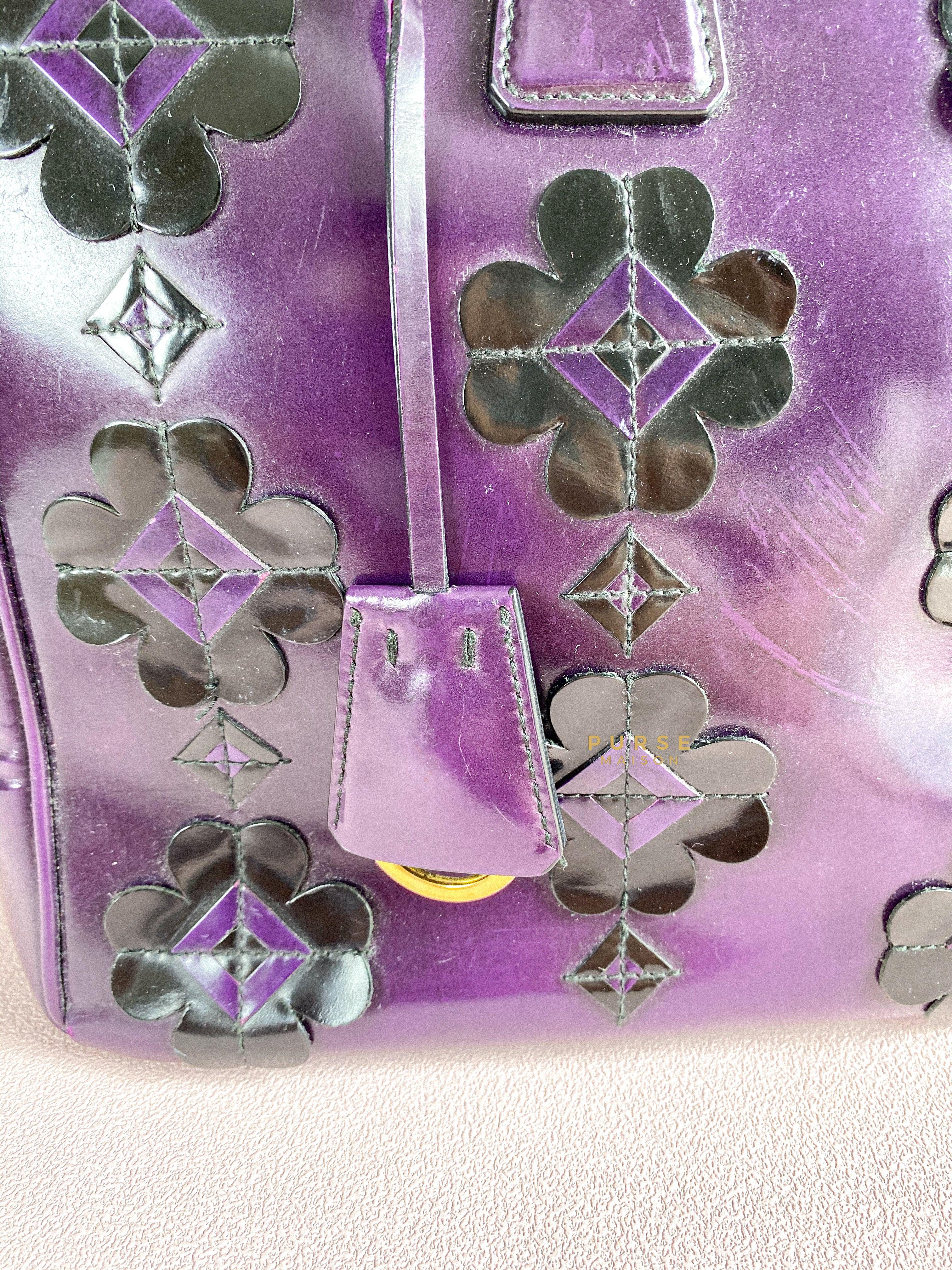 Prada Double Zip Medium Galleria in Plum Floral Applique Patent Leather | Purse Maison Luxury Bags Shop