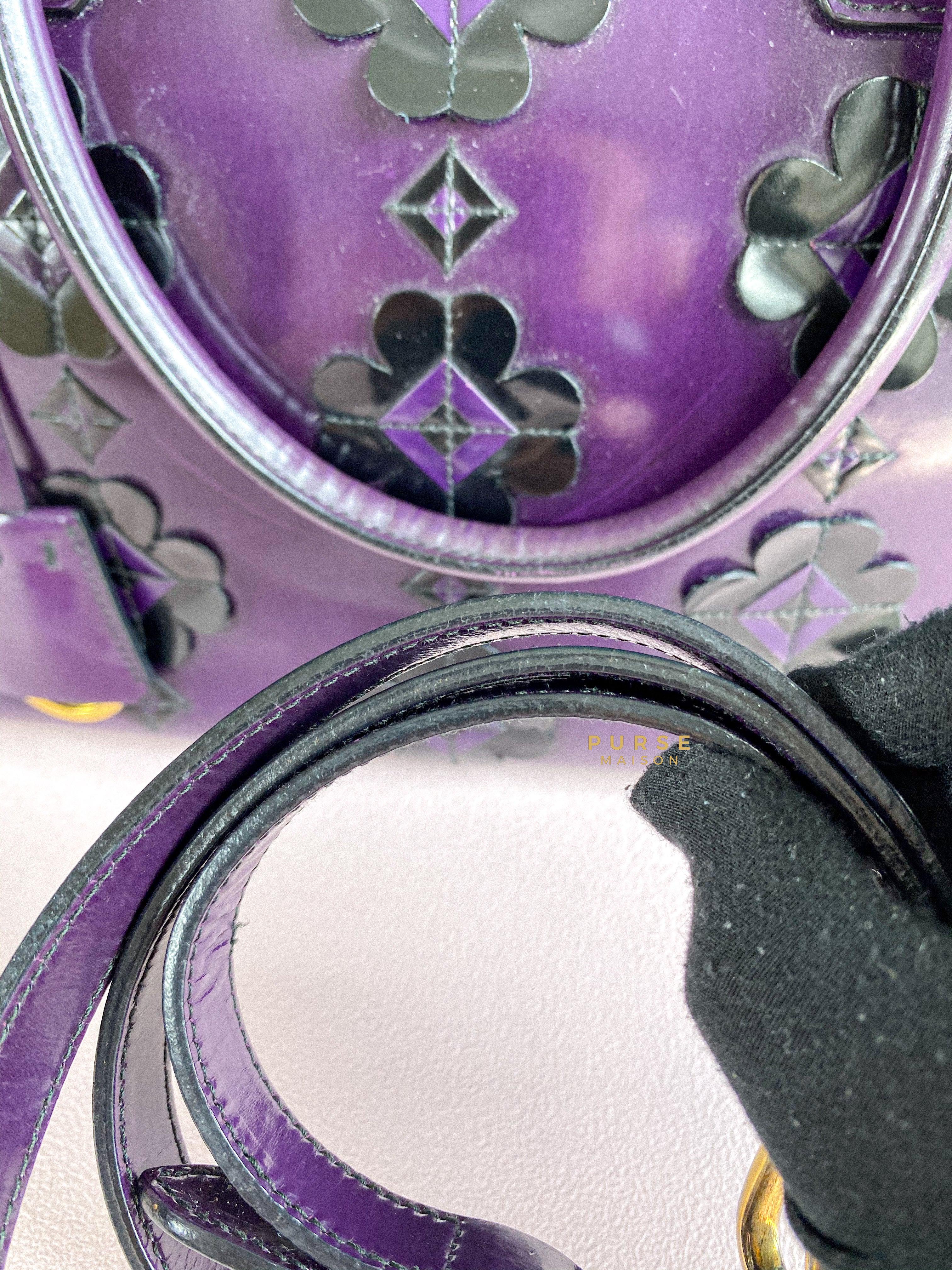 Prada Double Zip Medium Galleria in Plum Floral Applique Patent Leather | Purse Maison Luxury Bags Shop