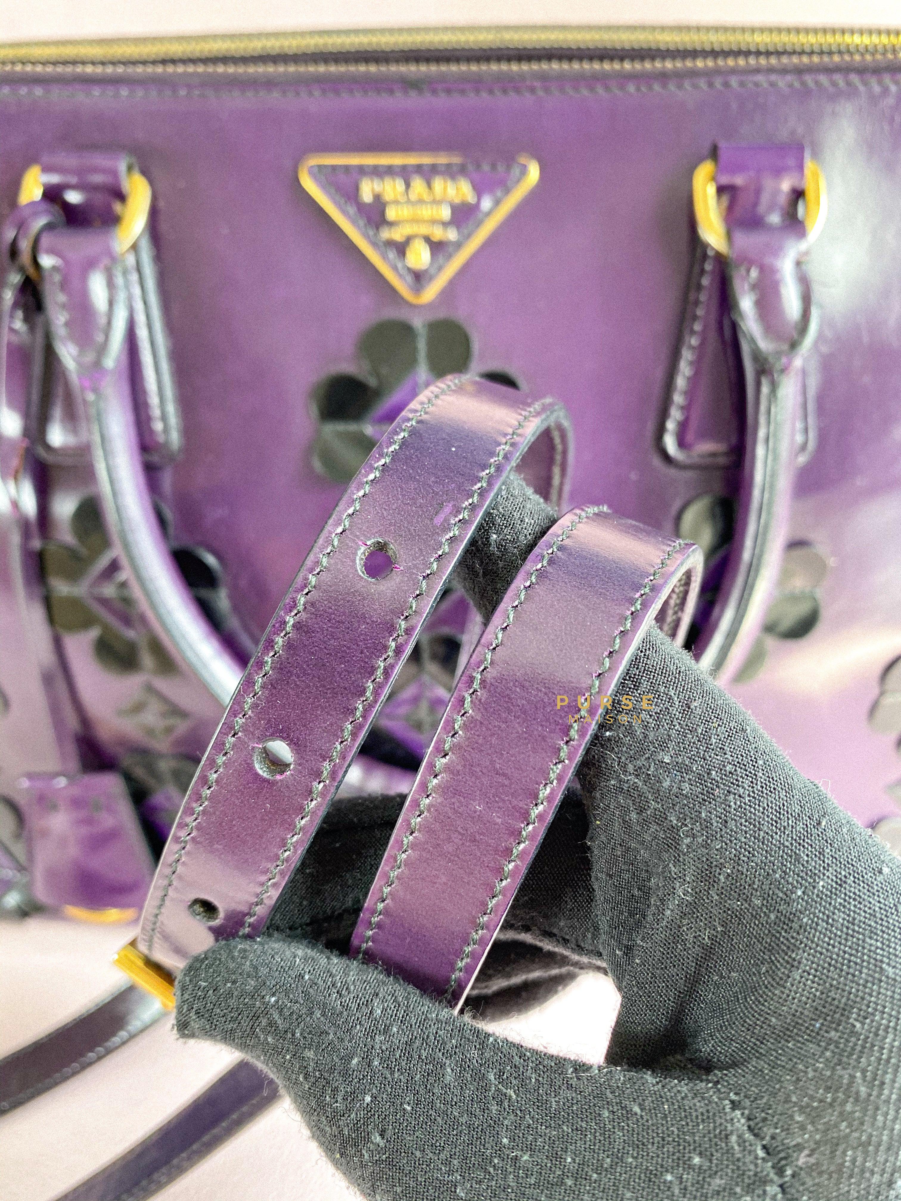 Prada Double Zip Medium Galleria in Plum Floral Applique Patent Leather | Purse Maison Luxury Bags Shop