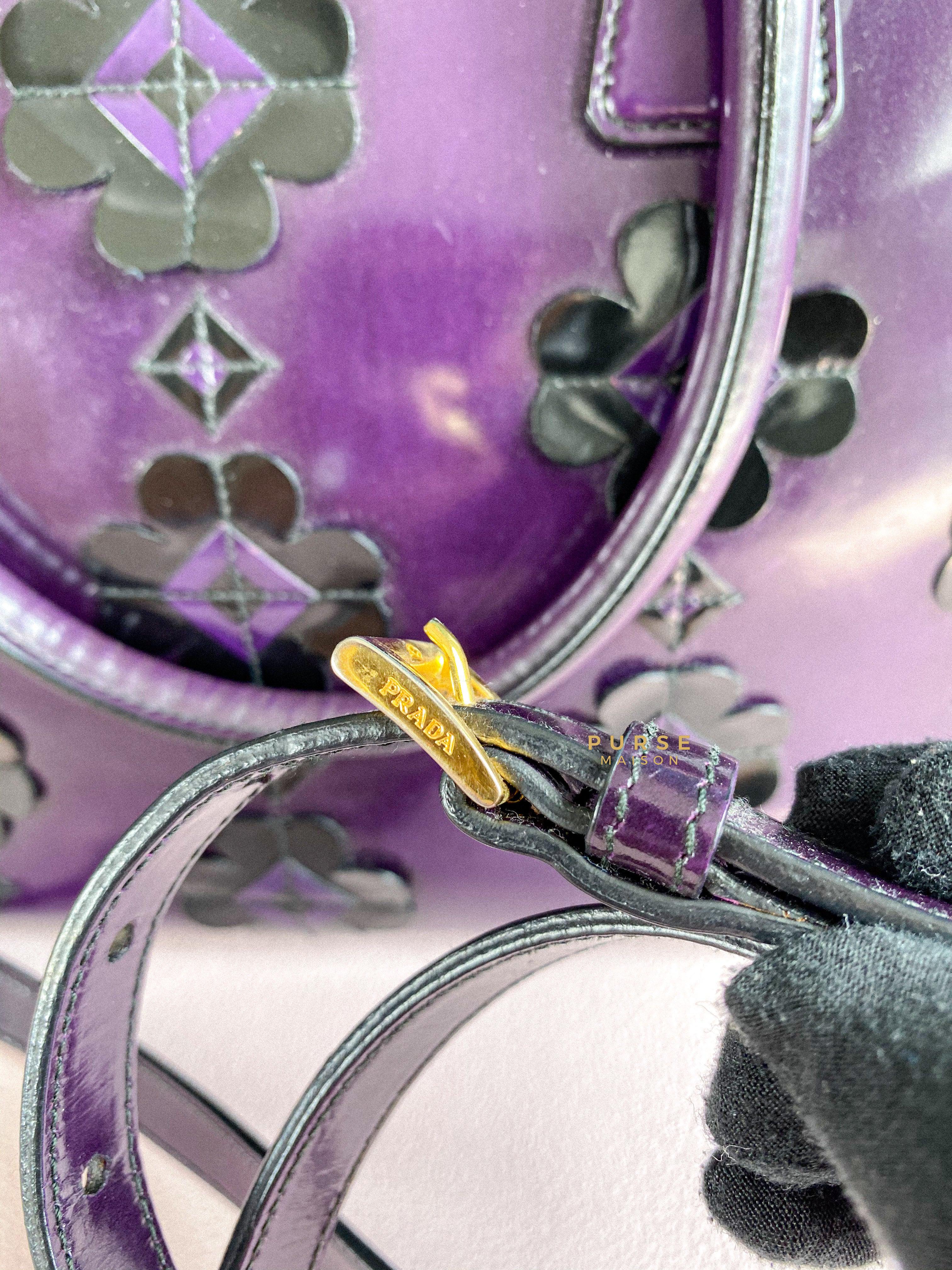 Prada Double Zip Medium Galleria in Plum Floral Applique Patent Leather | Purse Maison Luxury Bags Shop