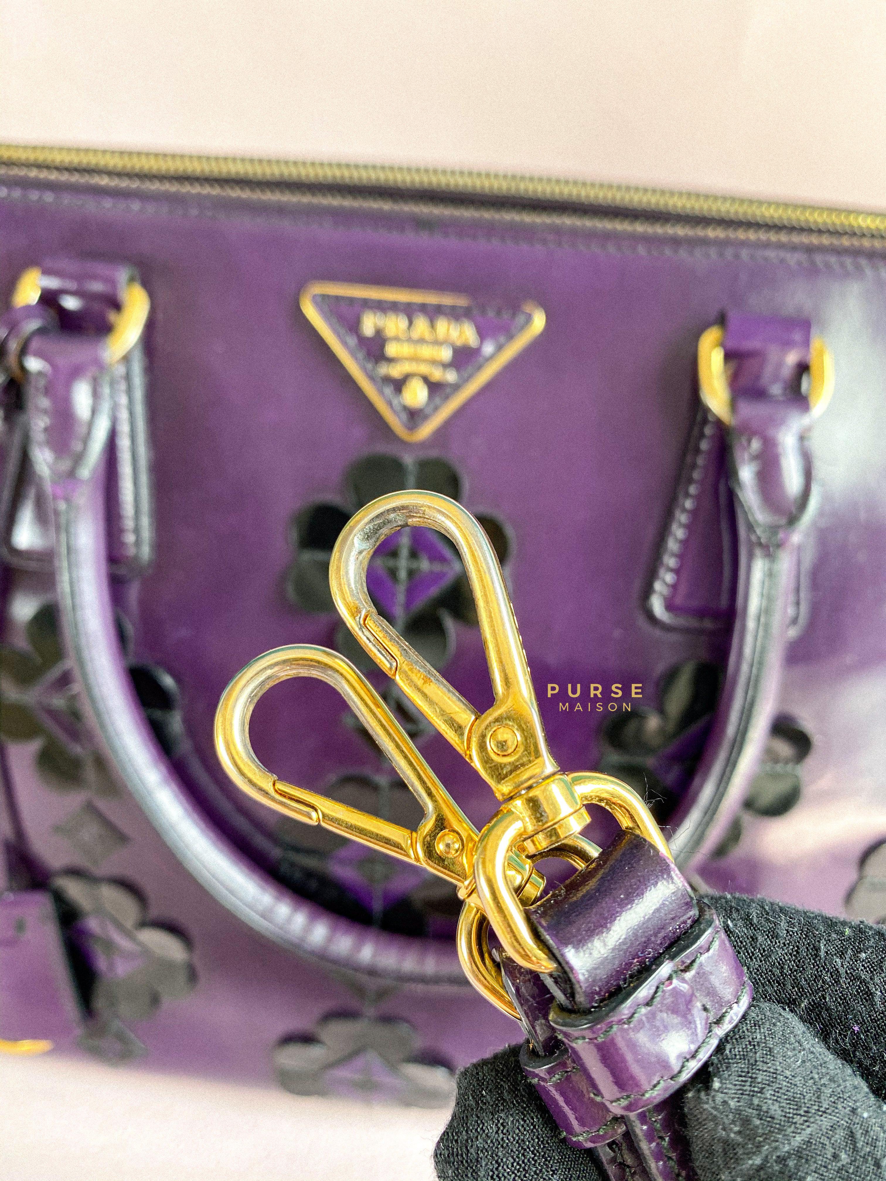 Prada Double Zip Medium Galleria in Plum Floral Applique Patent Leather | Purse Maison Luxury Bags Shop