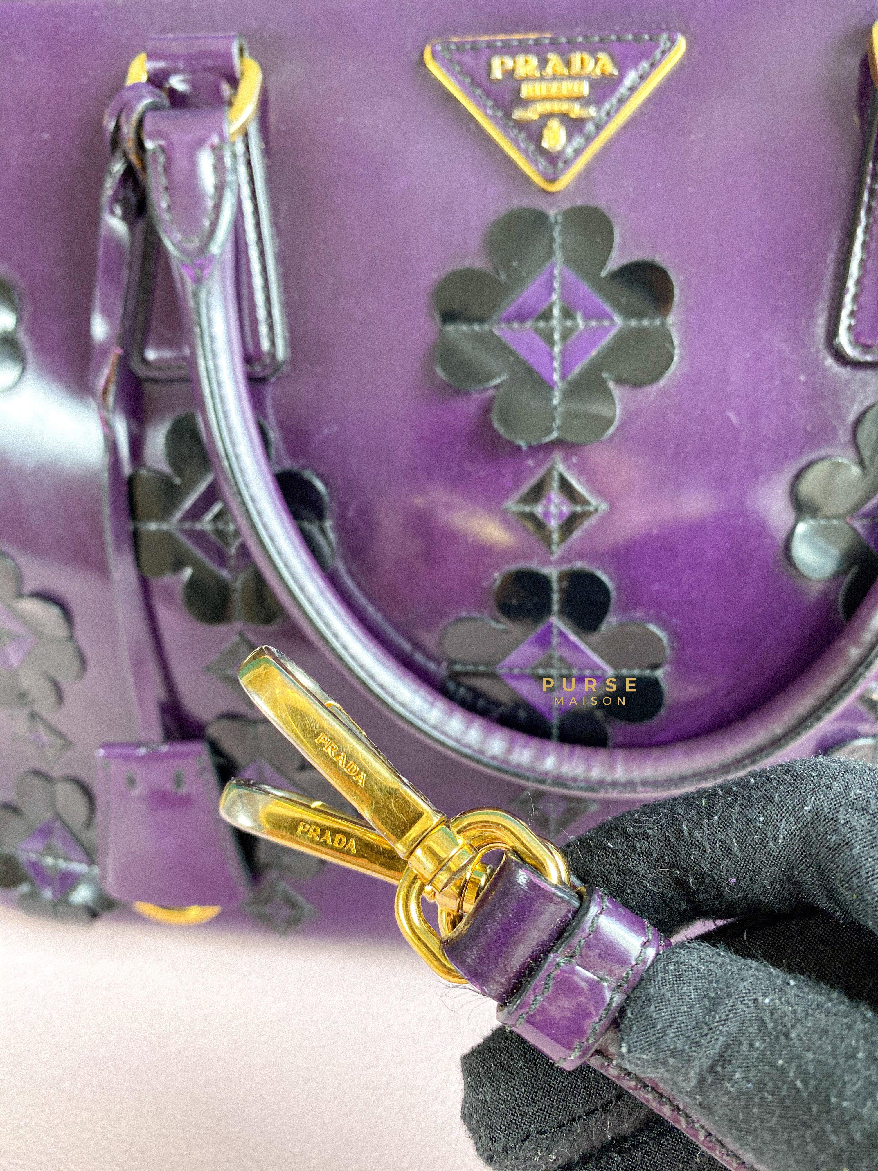 Prada Double Zip Medium Galleria in Plum Floral Applique Patent Leather | Purse Maison Luxury Bags Shop