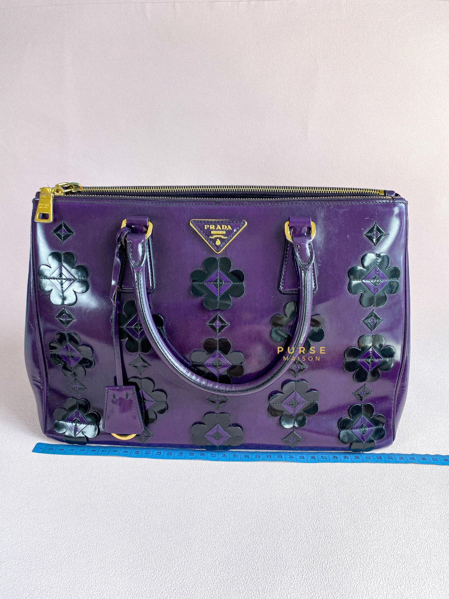 Prada Double Zip Medium Galleria in Plum Floral Applique Patent Leather | Purse Maison Luxury Bags Shop