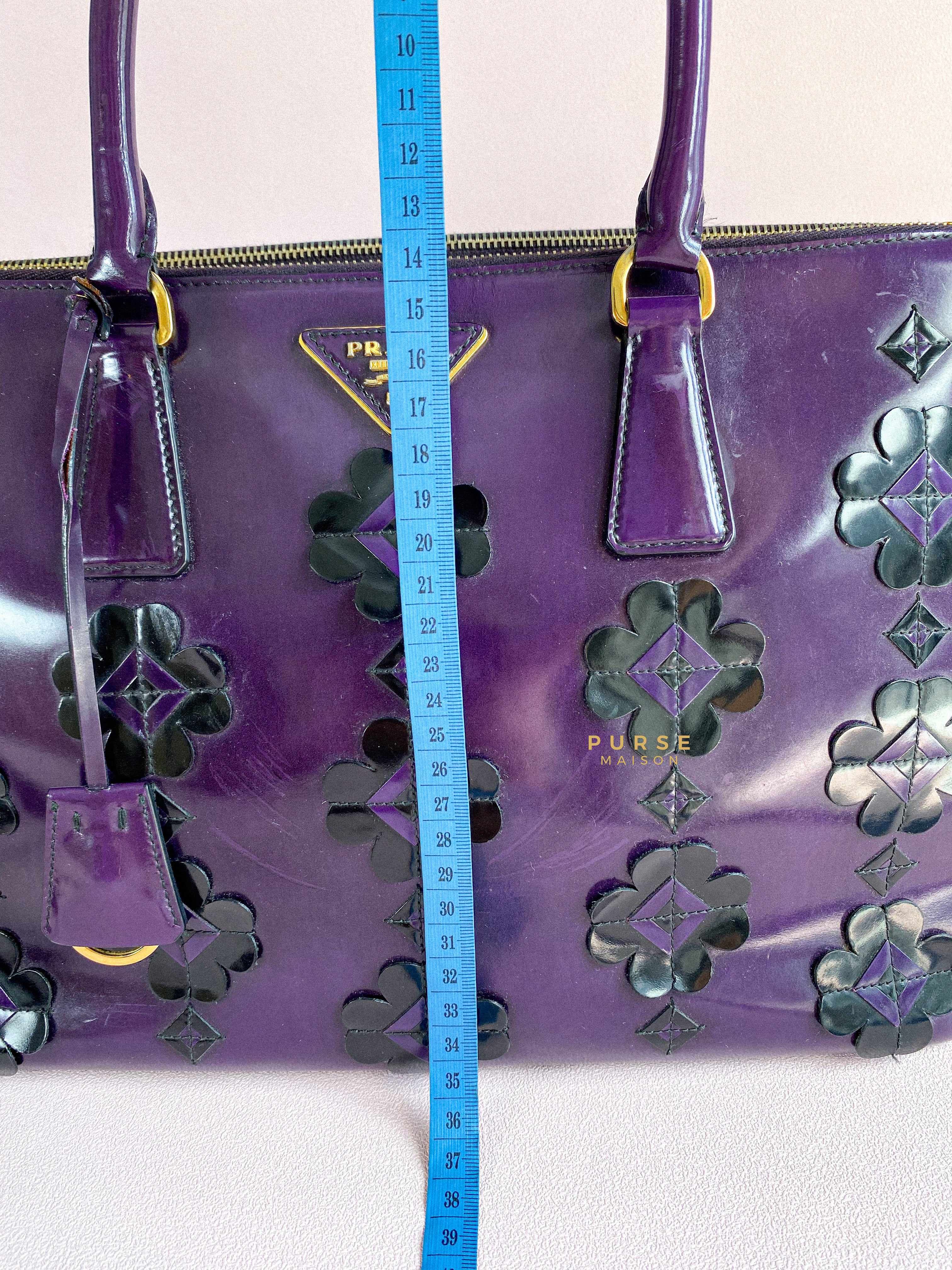 Prada Double Zip Medium Galleria in Plum Floral Applique Patent Leather | Purse Maison Luxury Bags Shop