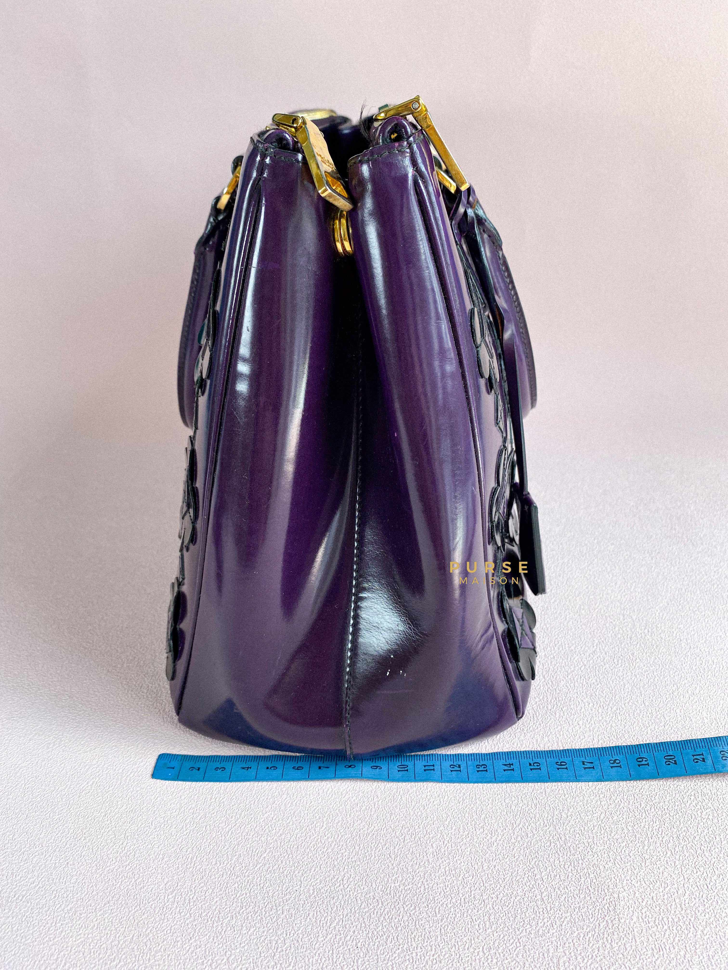 Prada Double Zip Medium Galleria in Plum Floral Applique Patent Leather | Purse Maison Luxury Bags Shop
