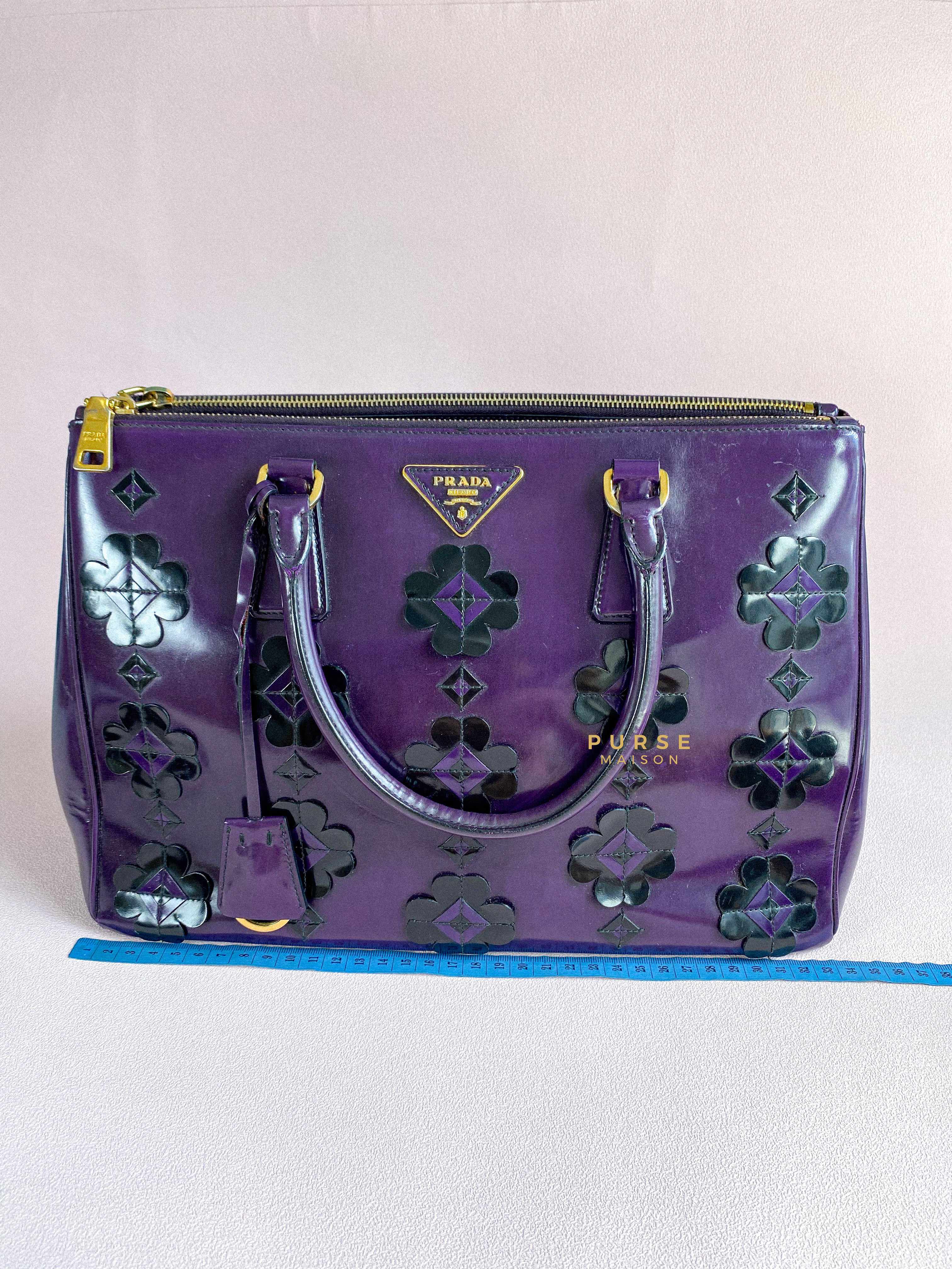 Prada Double Zip Medium Galleria in Plum Floral Applique Patent Leather | Purse Maison Luxury Bags Shop
