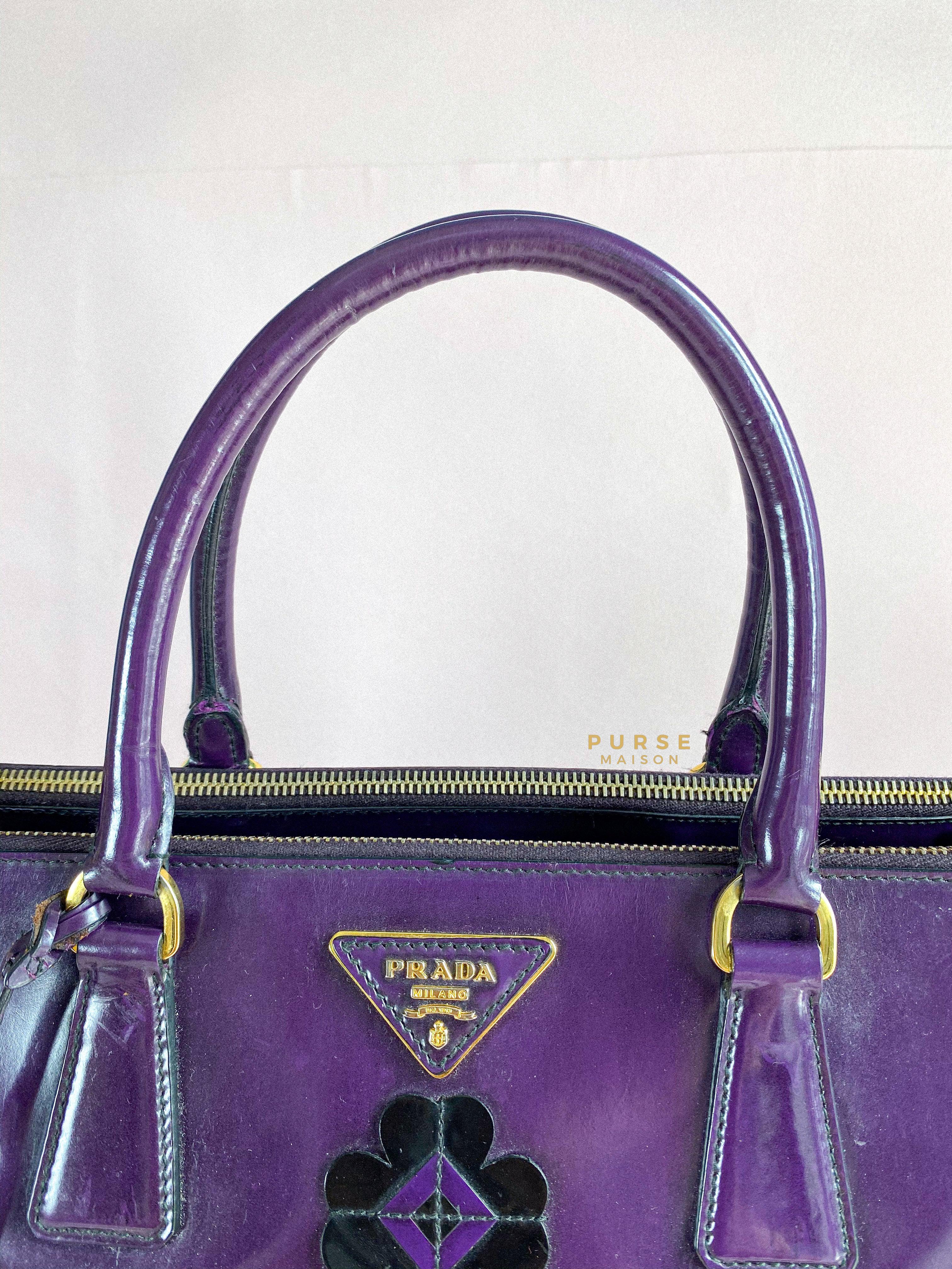 Prada Double Zip Medium Galleria in Plum Floral Applique Patent Leather | Purse Maison Luxury Bags Shop