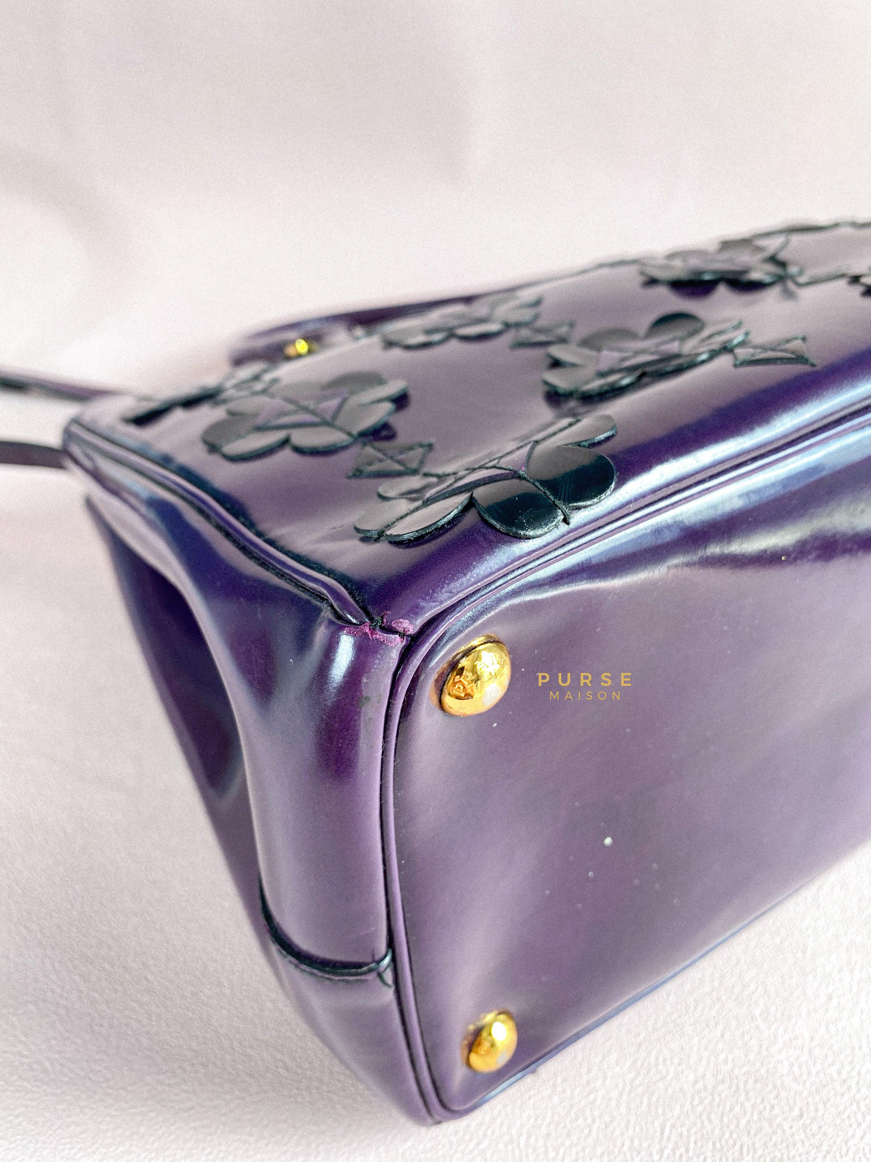 Prada Double Zip Medium Galleria in Plum Floral Applique Patent Leather | Purse Maison Luxury Bags Shop