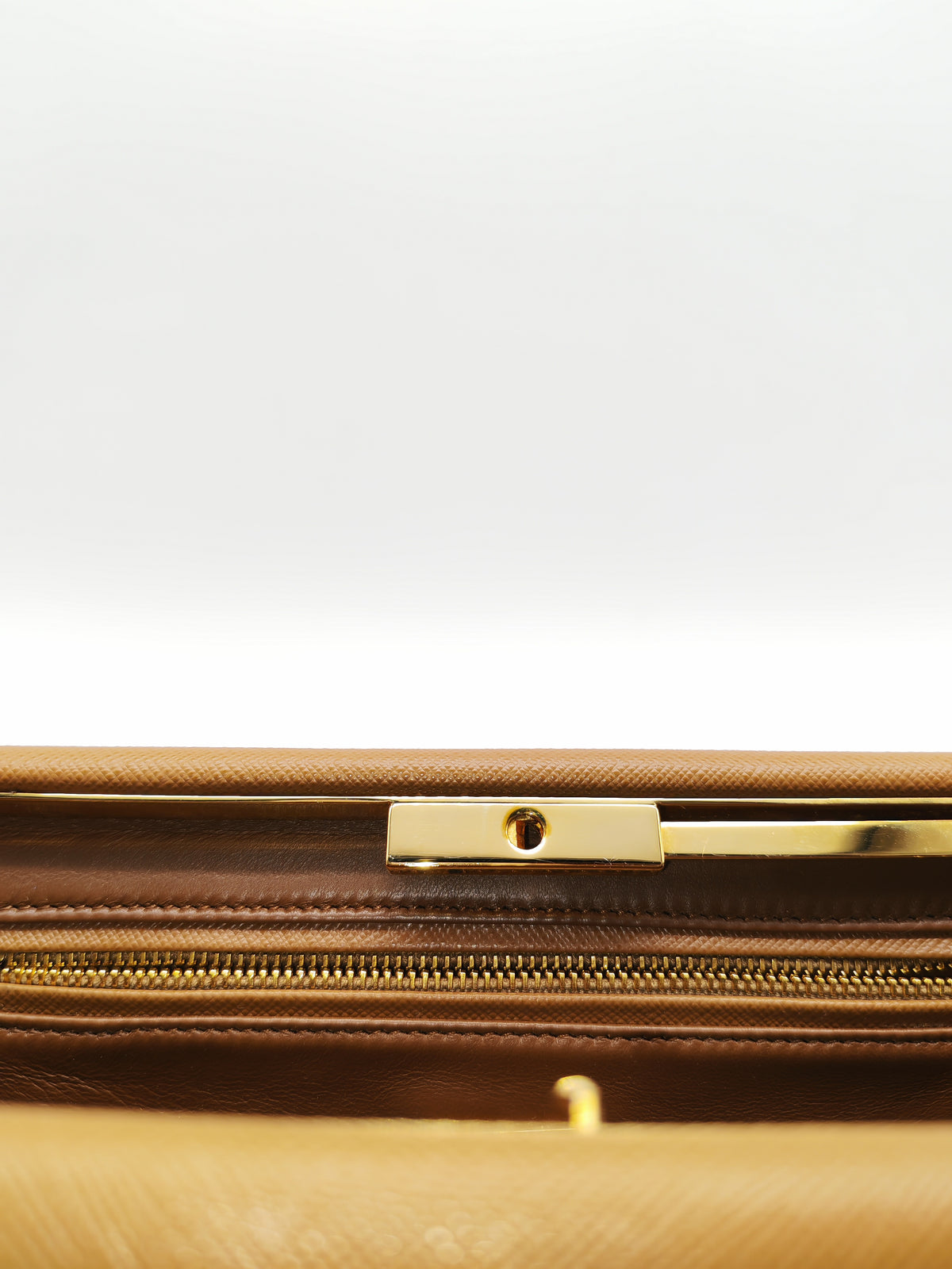 Prada Envelope Clutch in Brown Saffiano Leather and Gold Hardware | Purse Maison Luxury Bags Shop