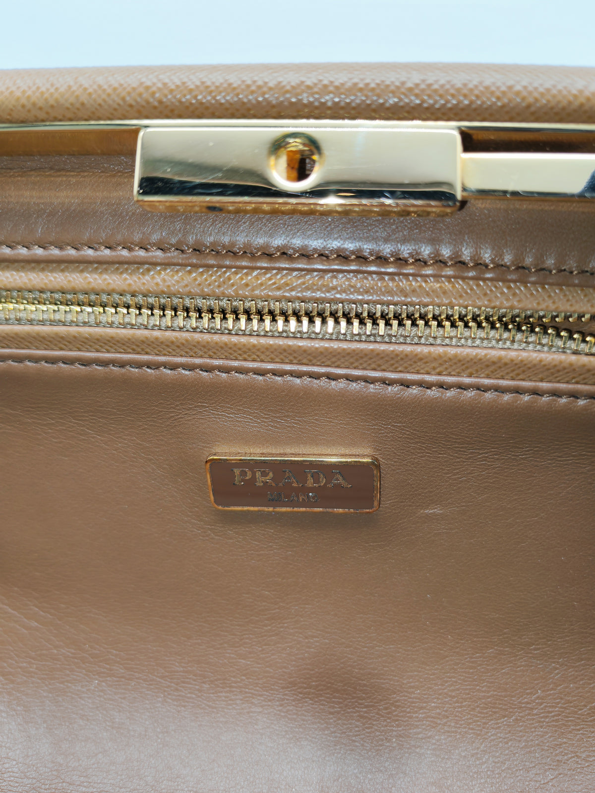 Prada Envelope Clutch in Brown Saffiano Leather and Gold Hardware | Purse Maison Luxury Bags Shop