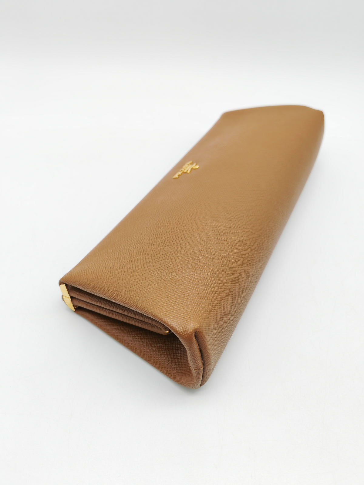 Prada Envelope Clutch in Brown Saffiano Leather and Gold Hardware | Purse Maison Luxury Bags Shop