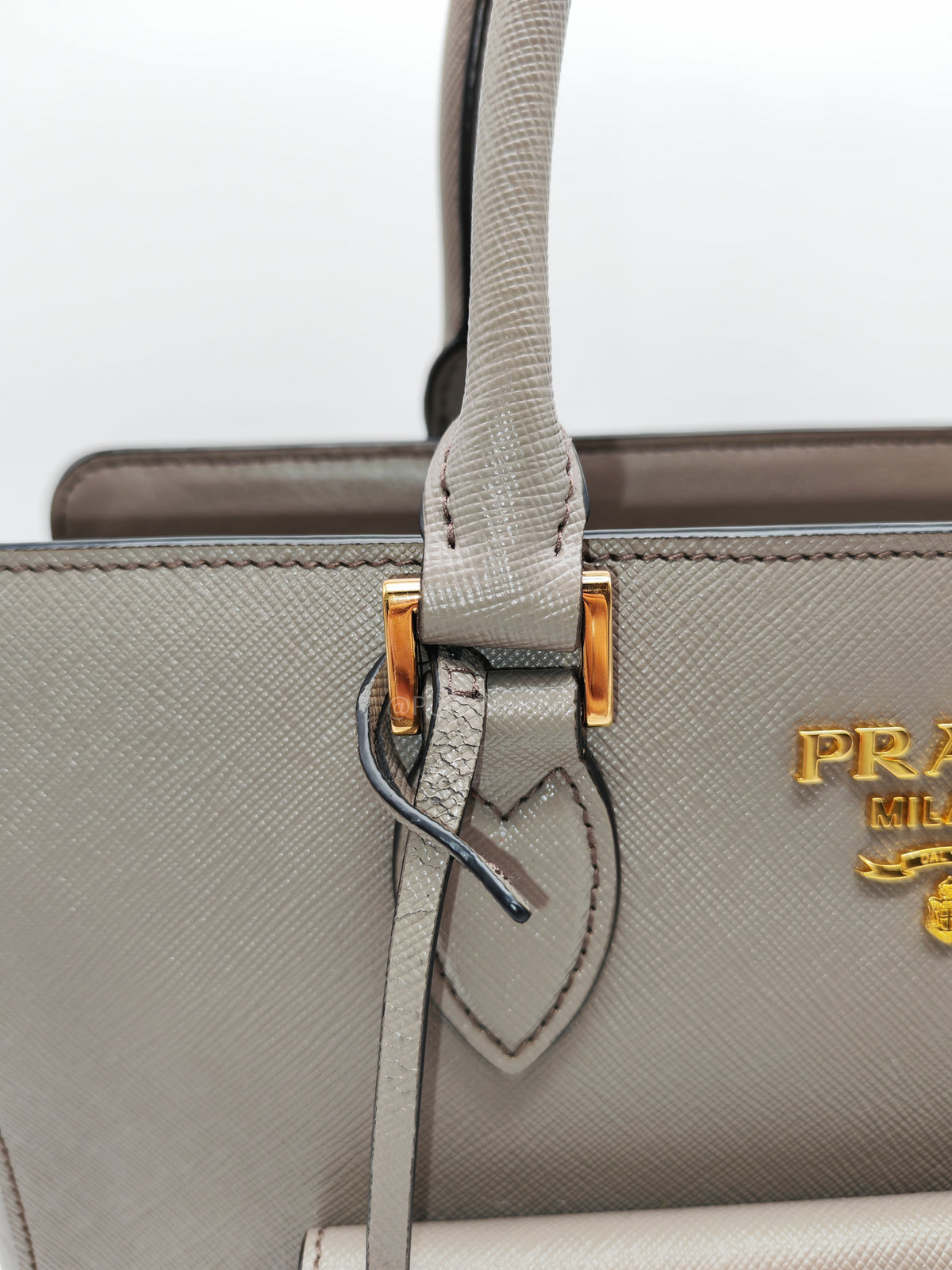 Prada Front Pocket Double-Zip Lux Tote Bag in Argilla Grey Saffiano Leather and Gold Hardware | Purse Maison Luxury Bags Shop
