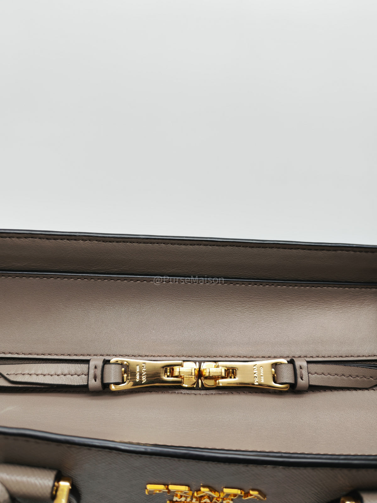 Prada Front Pocket Double-Zip Lux Tote Bag in Argilla Grey Saffiano Leather and Gold Hardware | Purse Maison Luxury Bags Shop