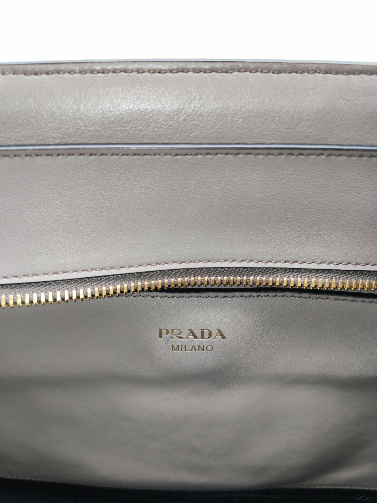 Prada Front Pocket Double-Zip Lux Tote Bag in Argilla Grey Saffiano Leather and Gold Hardware | Purse Maison Luxury Bags Shop